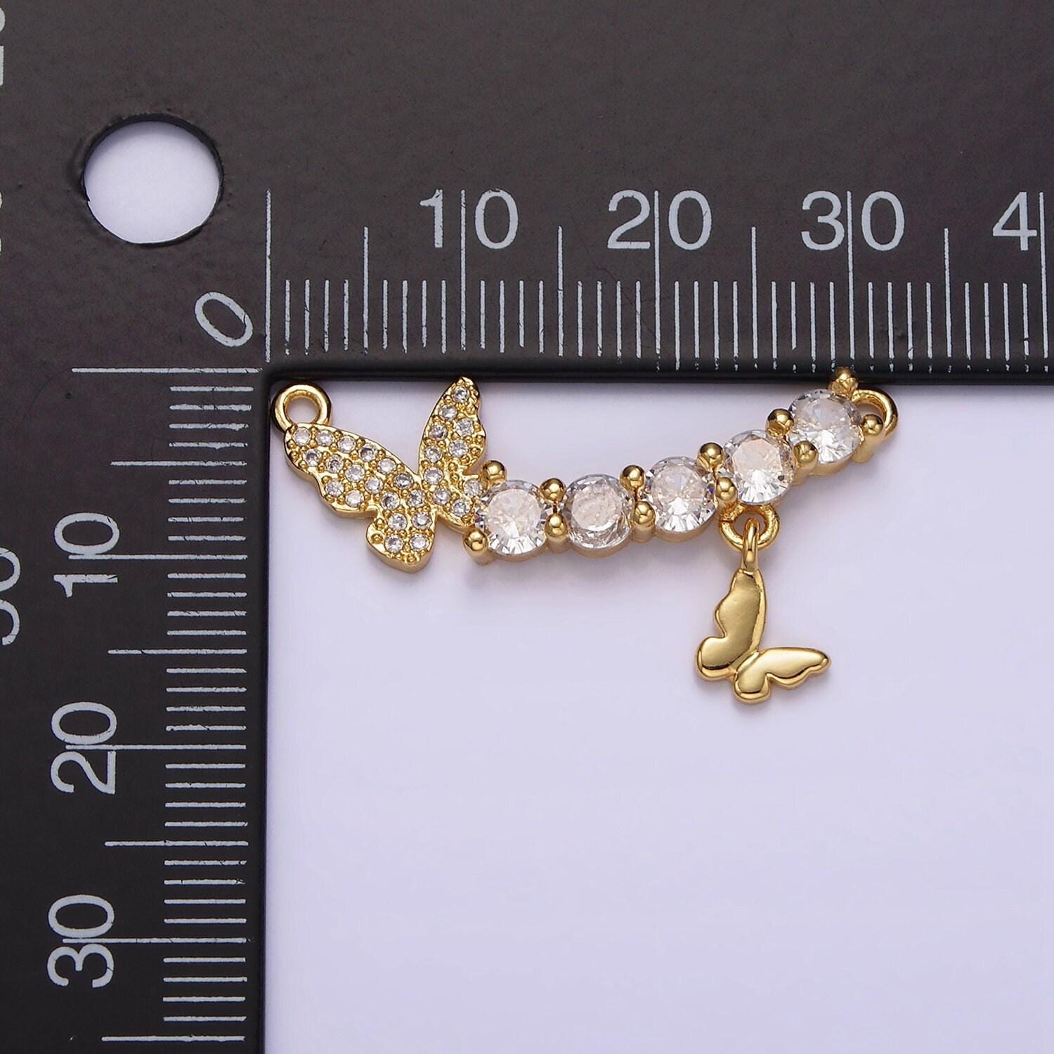16k gold filled clear cz curved double butterfly micro paved drop connector | g059