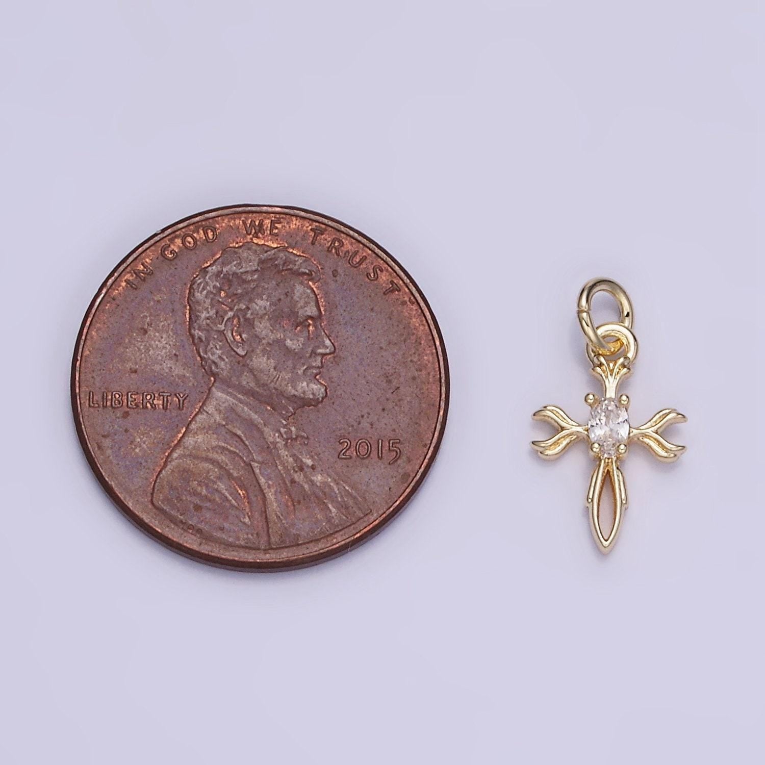 Mini 14k gold filled clear micro paved oval cz cross charm religious pendant tiny cross charm | w-530