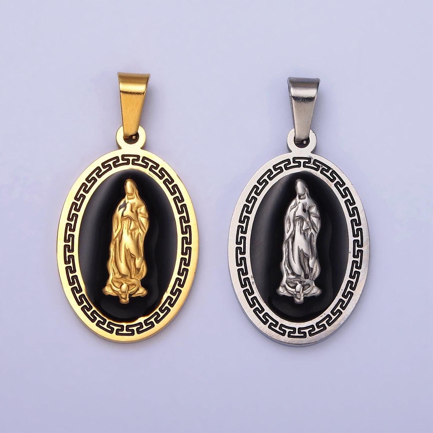 Gold lady guadalupe religious pendant necklace black enamel virgin mary charm protection charm our lady of guadalupe catholic jewelry j619