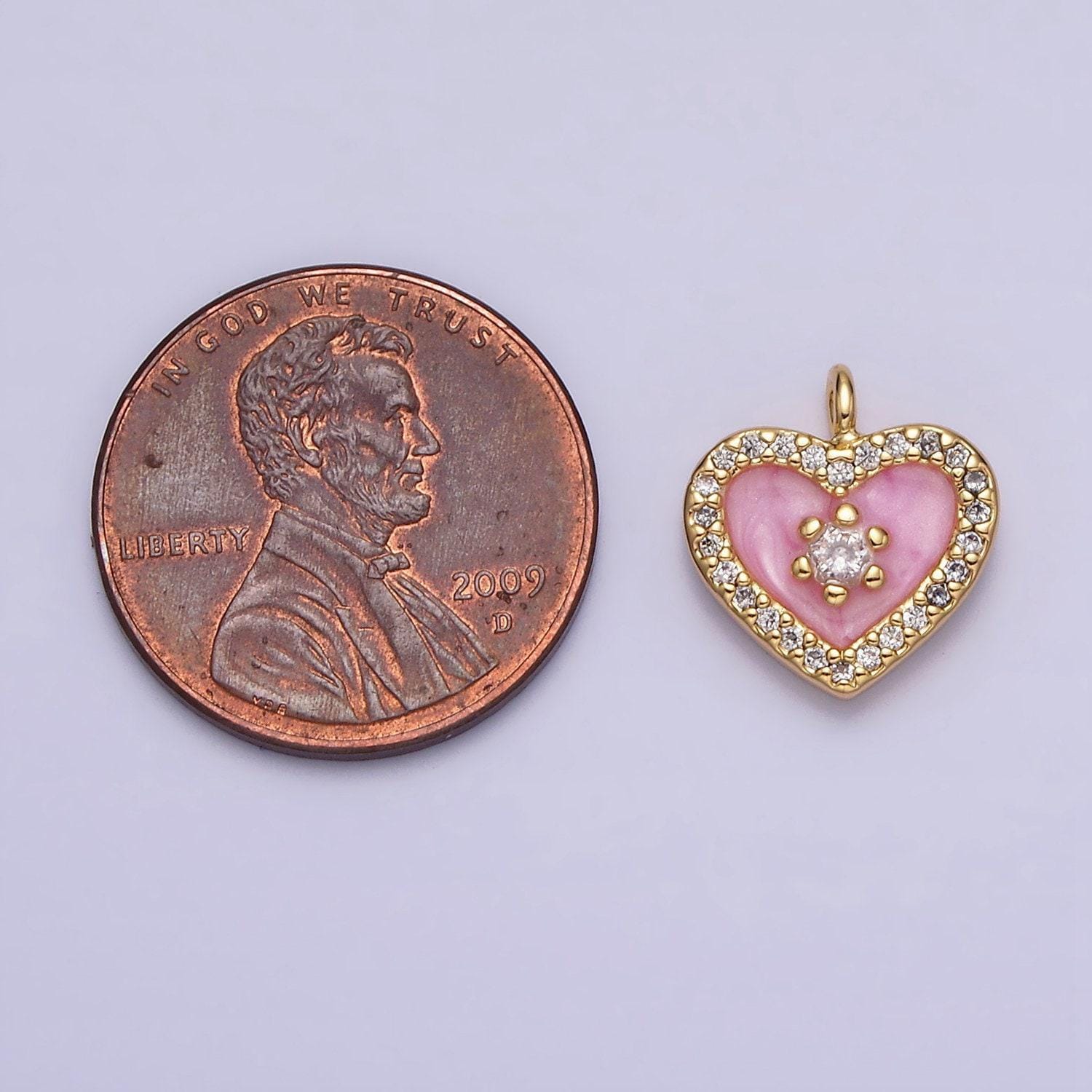 16k gold filled white, black, pink enamel micro paved cz heart charm in gold & silver | ac1300 - ac1305