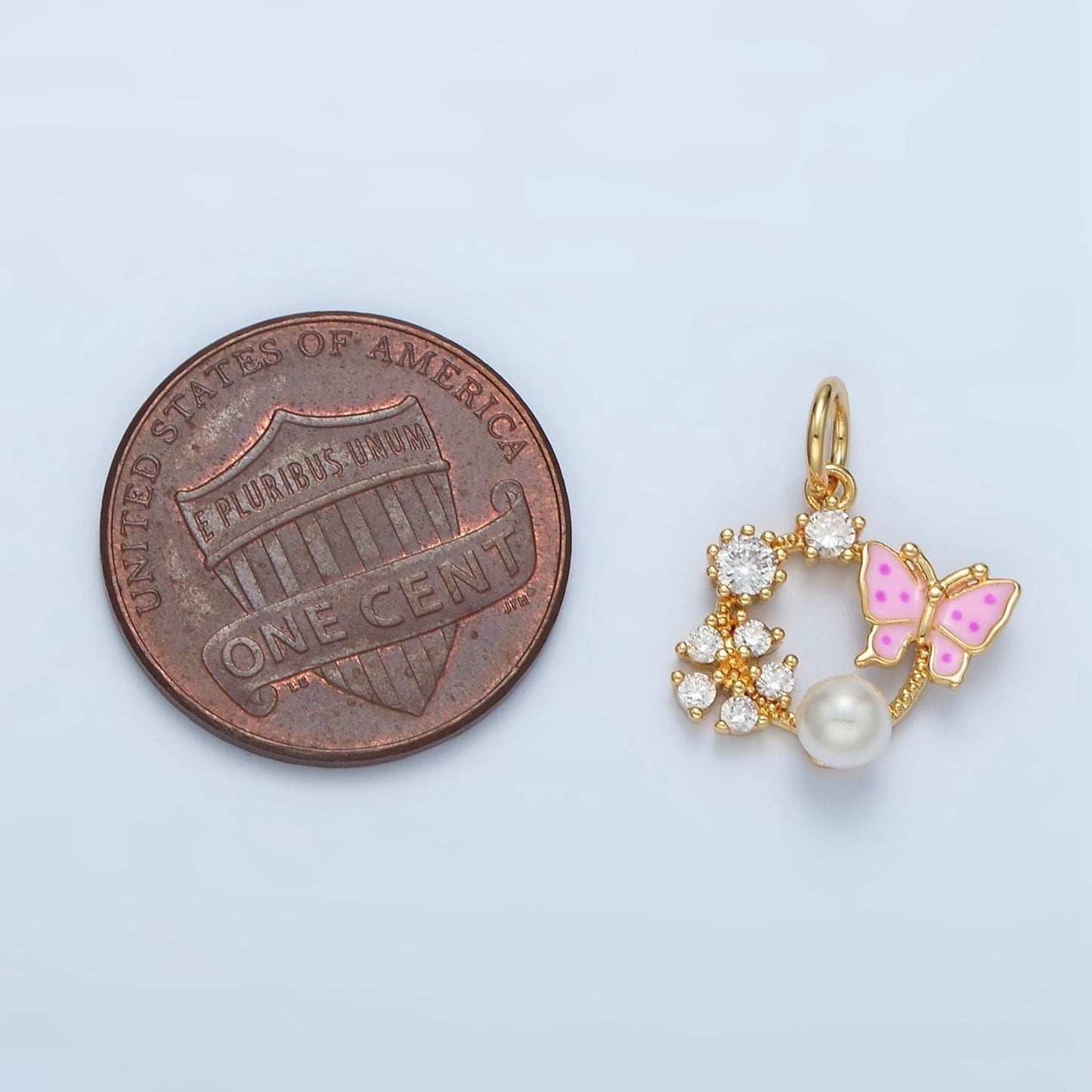 14k gold filled pink enamel butterfly, ez flower on round open charm | ag-946