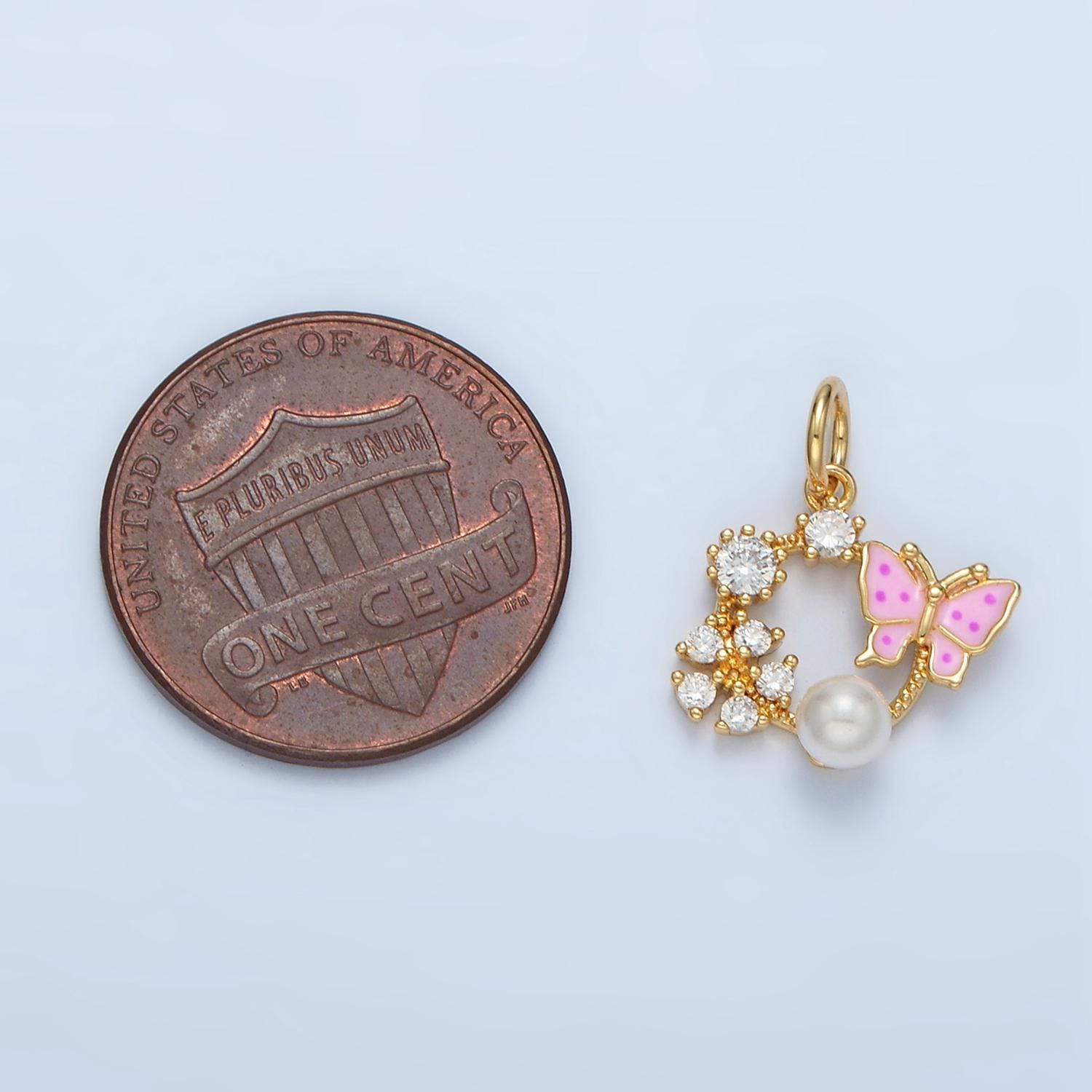 14k gold filled pink enamel butterfly, ez flower on round open charm | ag-946