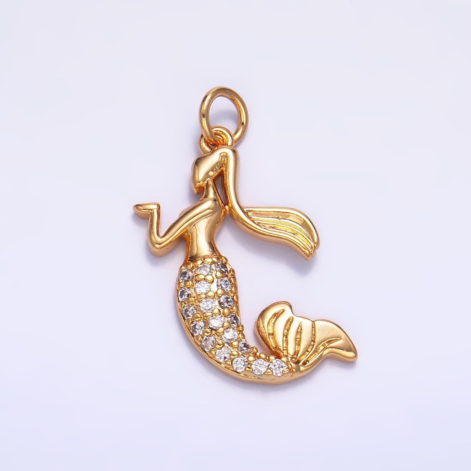 Dainty gold mermaid charms 24k gold filled pendant cz micro pave mermaid tail charm bracelet necklace for diy jewelry making supply w234