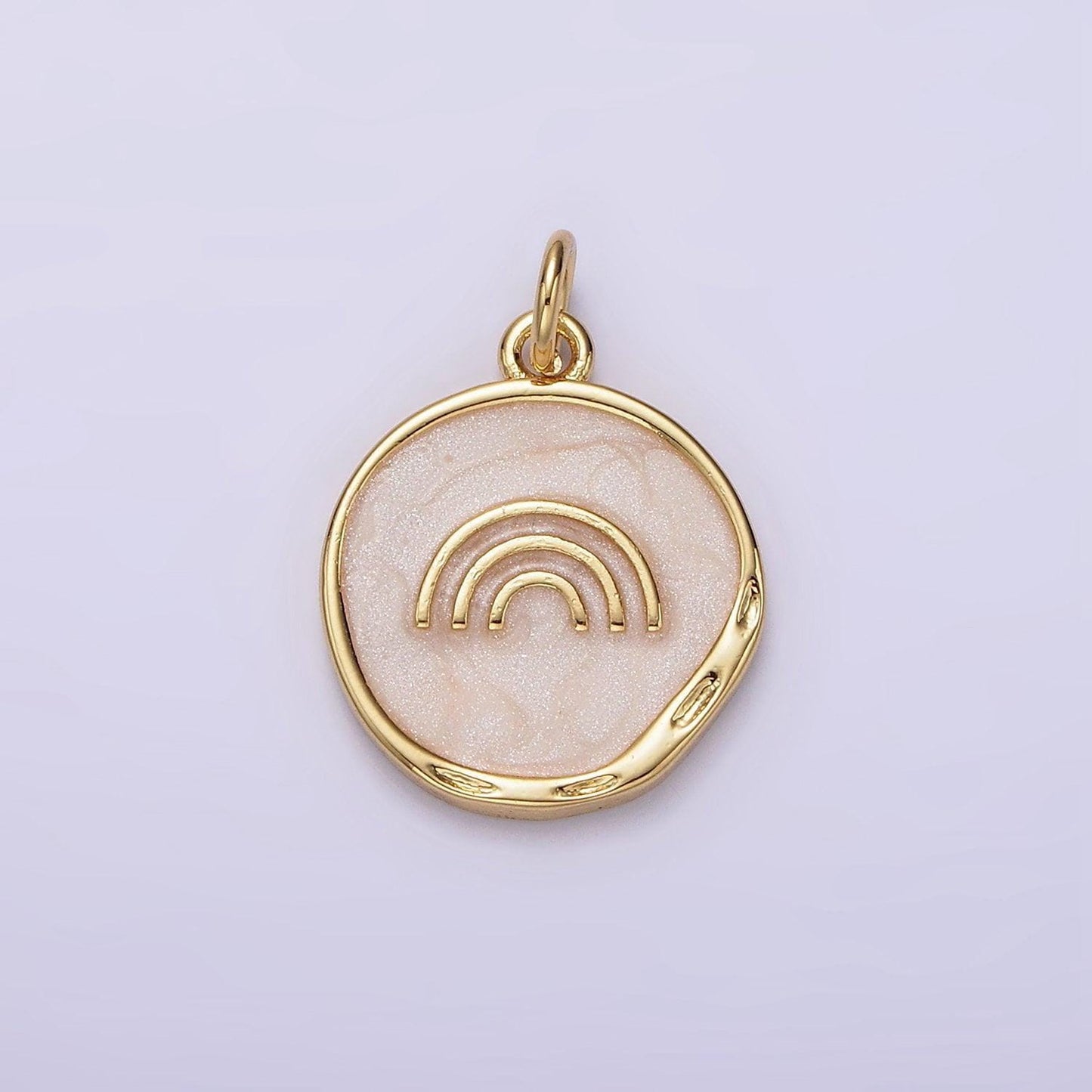 16k gold filled rainbow doodle broken white, pink sparkly enamel stamped dented round charm | ag156 ag157