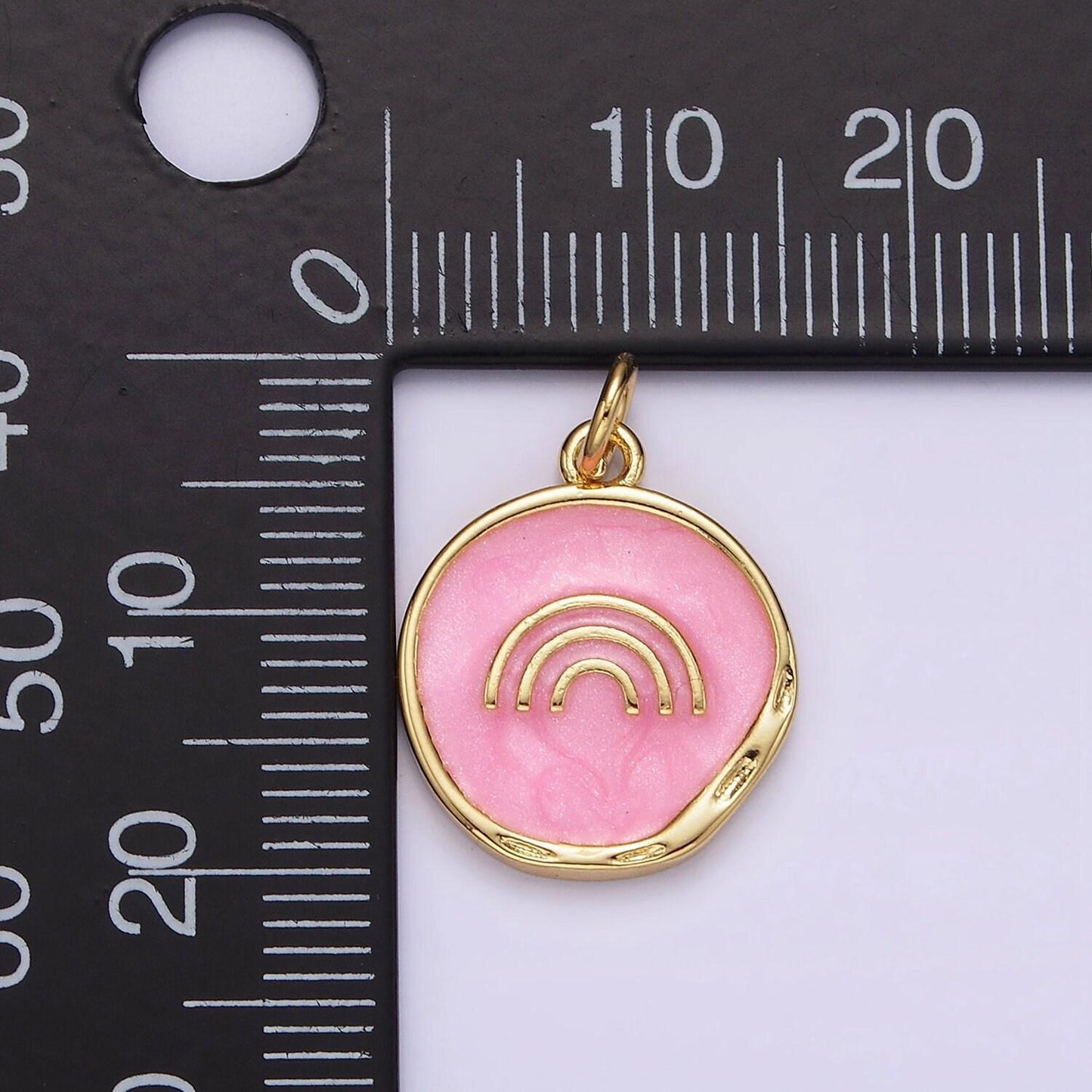 16k gold filled rainbow doodle broken white, pink sparkly enamel stamped dented round charm | ag156 ag157
