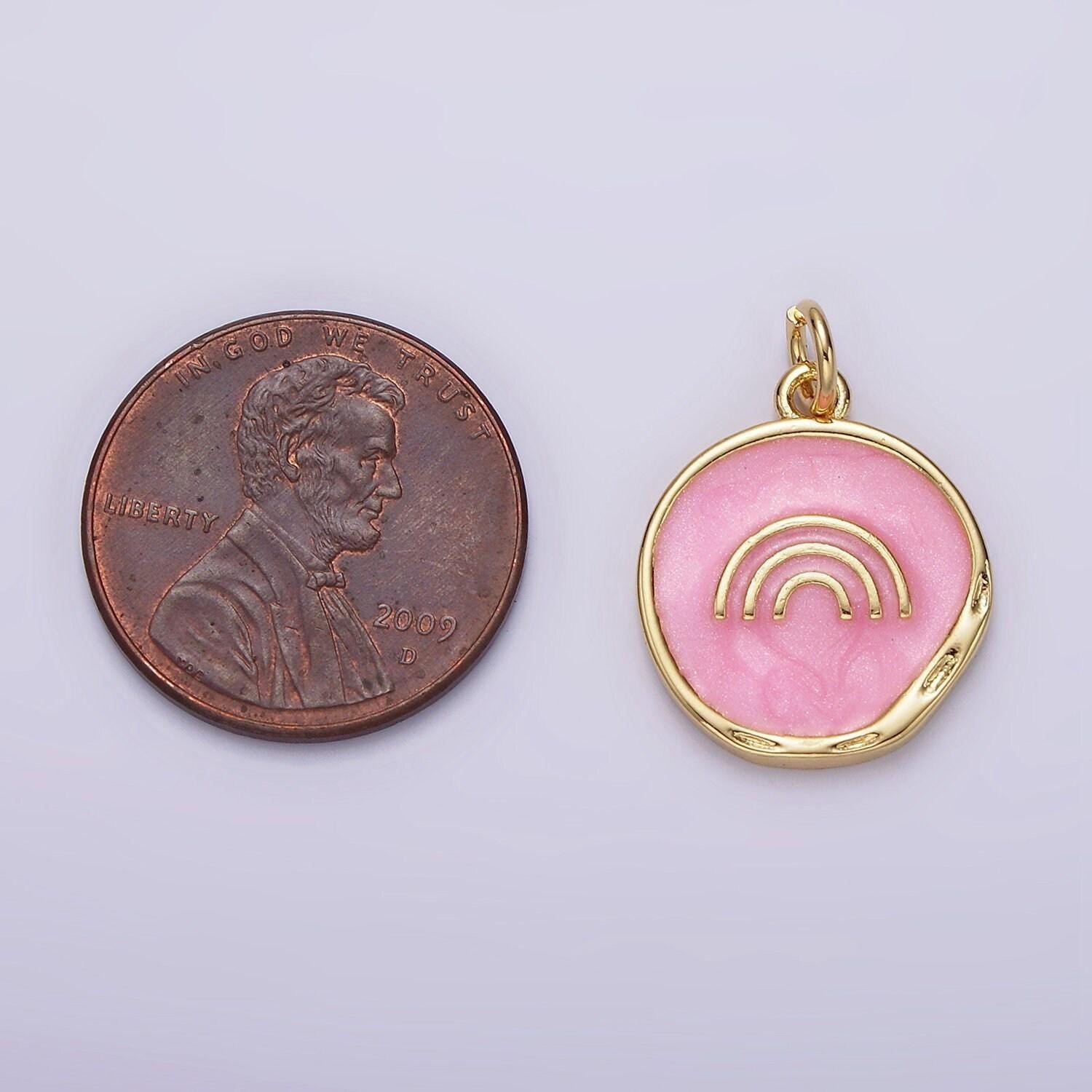 16k gold filled rainbow doodle broken white, pink sparkly enamel stamped dented round charm | ag156 ag157