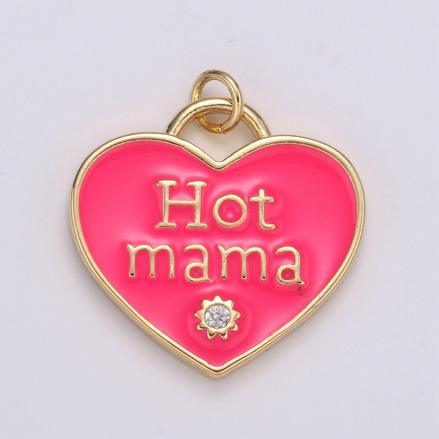 1x hot mama enamel heart charm pendant, red pink teal heart pendant, 24k gold filled madre gift love jewelry making supply chgf-2127