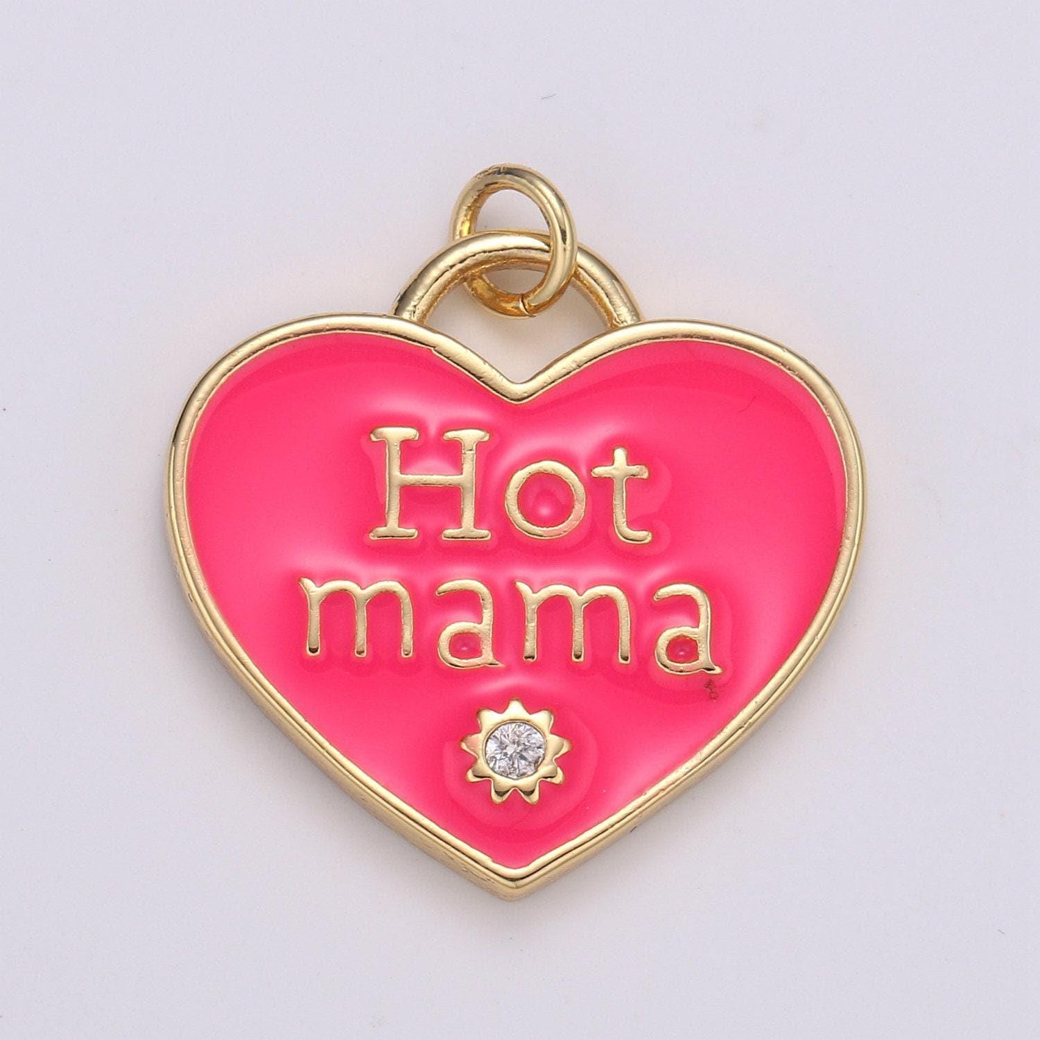 1x hot mama enamel heart charm pendant, red pink teal heart pendant, 24k gold filled madre gift love jewelry making supply chgf-2127