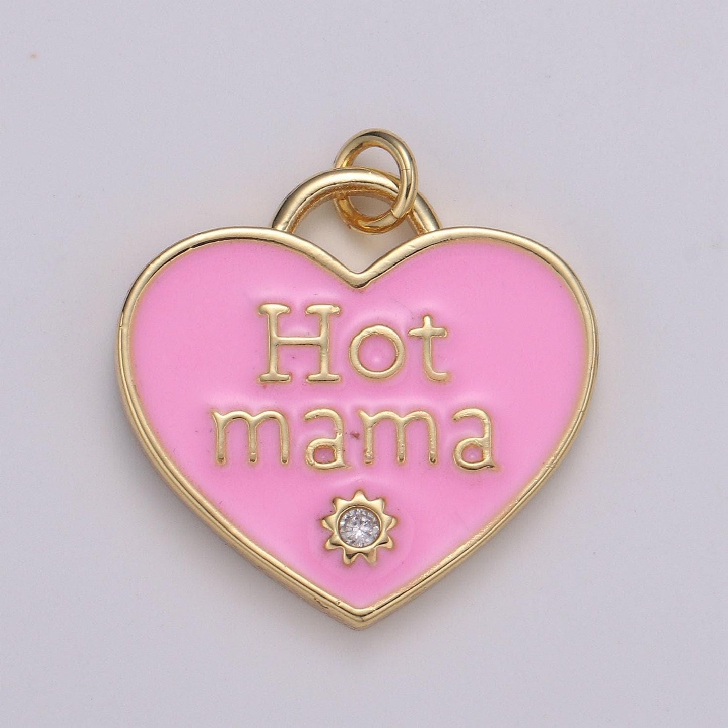 1x hot mama enamel heart charm pendant, red pink teal heart pendant, 24k gold filled madre gift love jewelry making supply chgf-2127