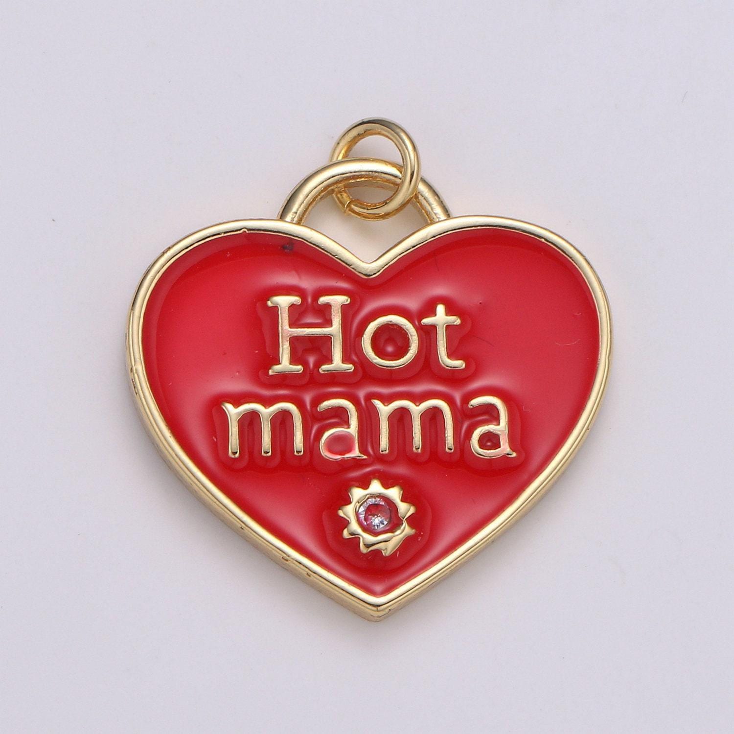 1x hot mama enamel heart charm pendant, red pink teal heart pendant, 24k gold filled madre gift love jewelry making supply chgf-2127