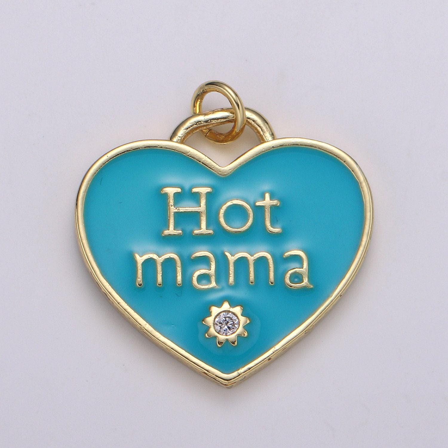 1x hot mama enamel heart charm pendant, red pink teal heart pendant, 24k gold filled madre gift love jewelry making supply chgf-2127