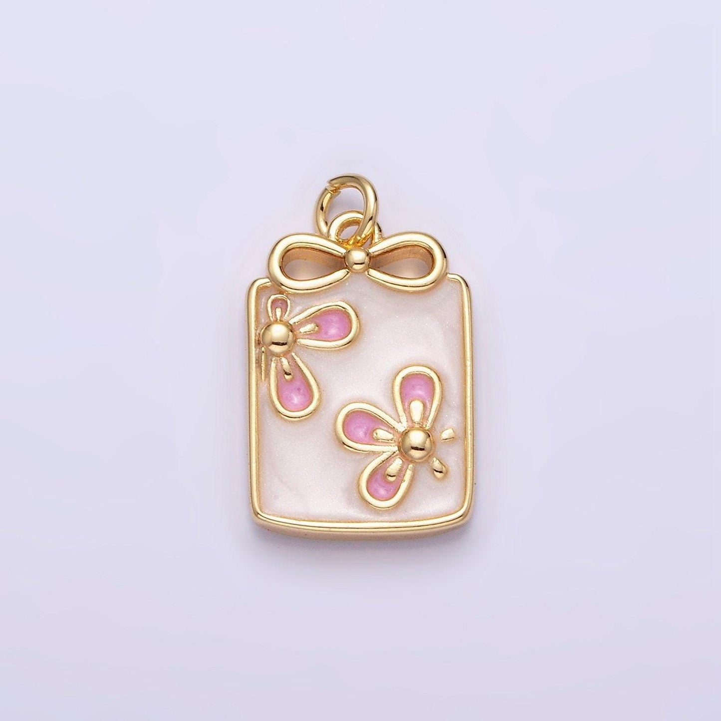 16k gold filled flower white, blue, pink sparkly enamel ribbon bow rectangular charm in gold & silver | ac1344 - ac1349