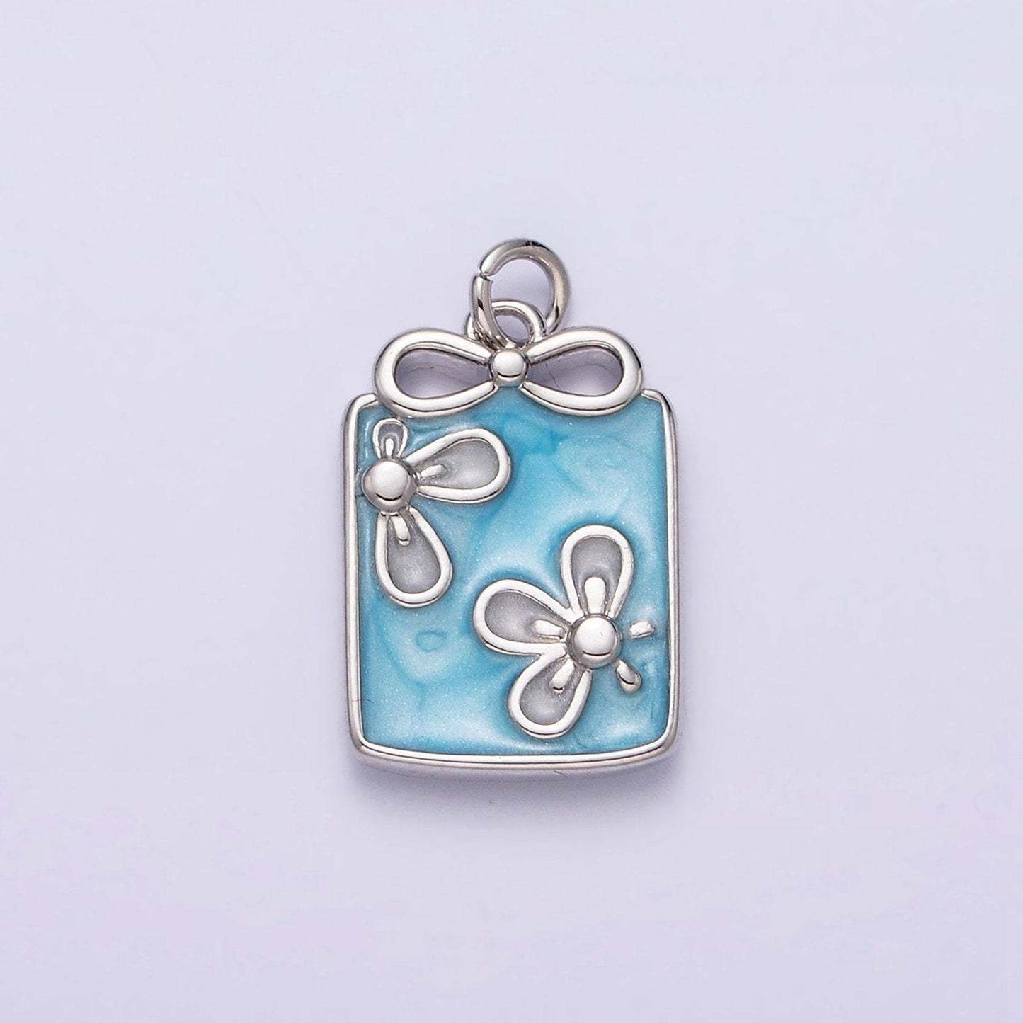 16k gold filled flower white, blue, pink sparkly enamel ribbon bow rectangular charm in gold & silver | ac1344 - ac1349