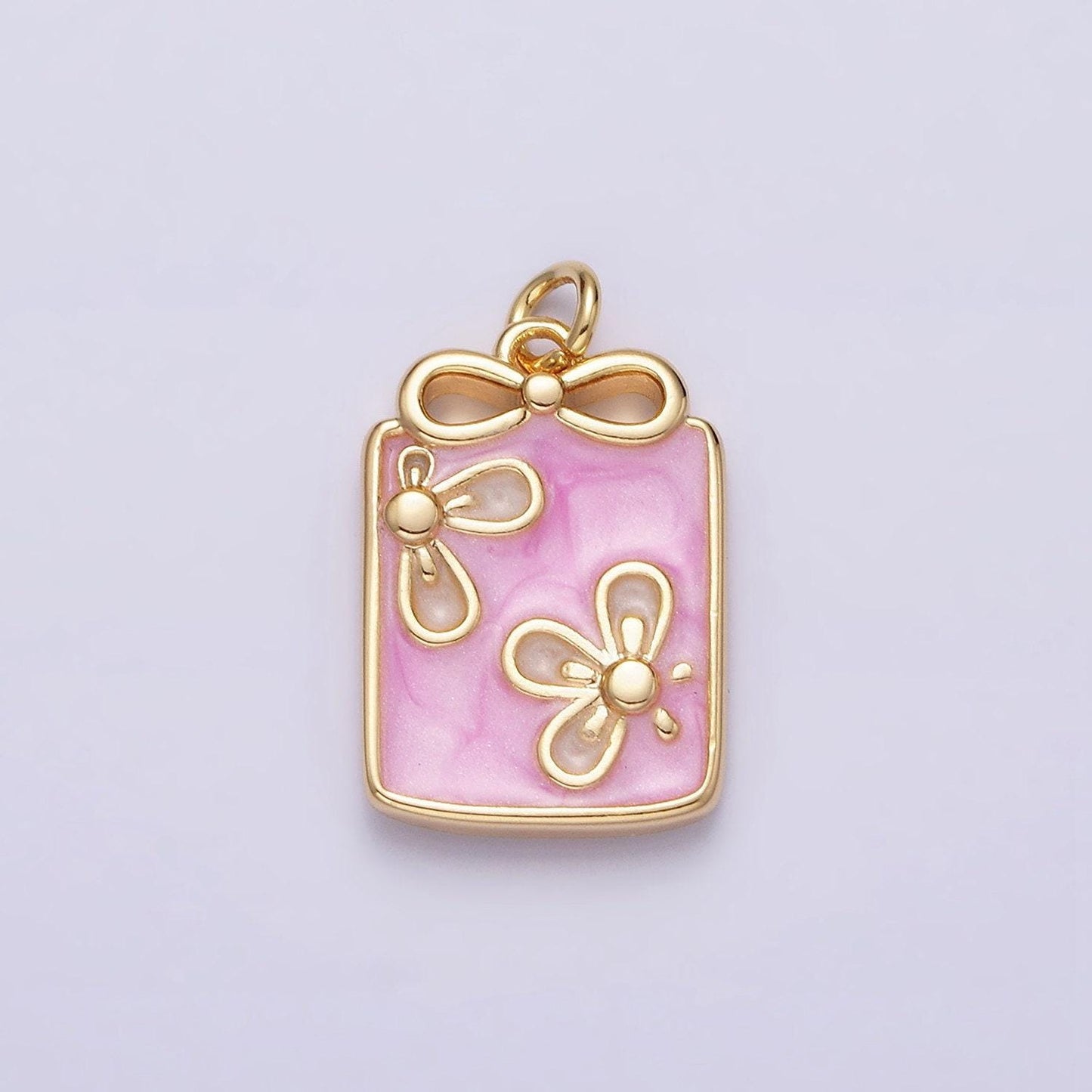 16k gold filled flower white, blue, pink sparkly enamel ribbon bow rectangular charm in gold & silver | ac1344 - ac1349