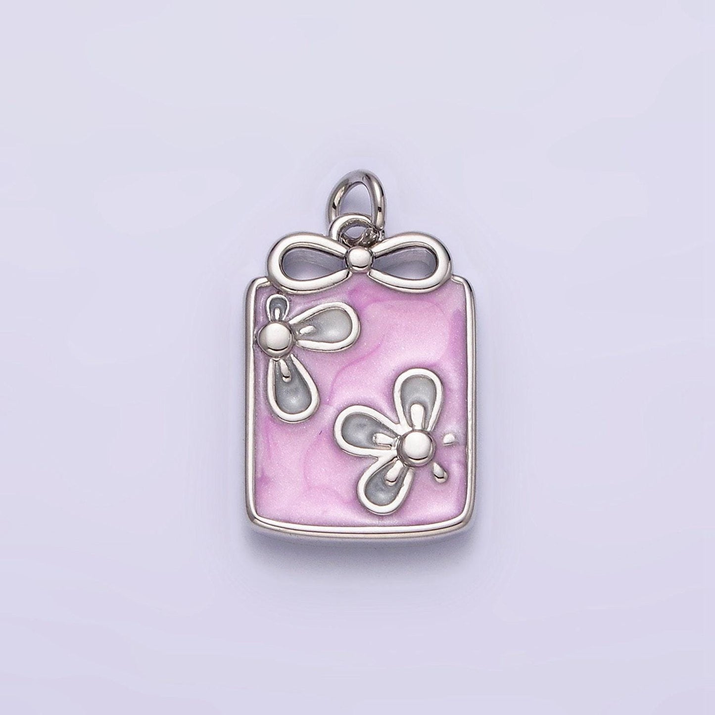 16k gold filled flower white, blue, pink sparkly enamel ribbon bow rectangular charm in gold & silver | ac1344 - ac1349