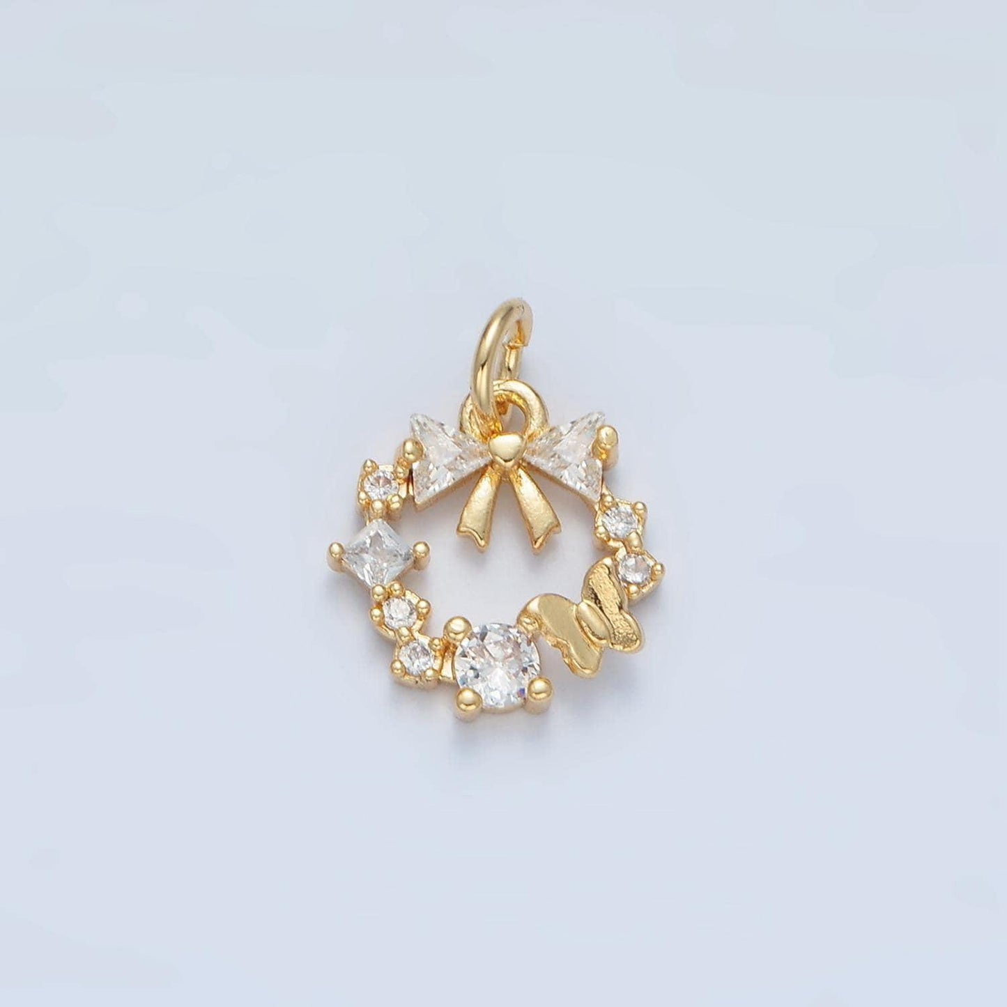Round open wreath cz paved, mini bow & butterfly 24k gold filled charm | x-456