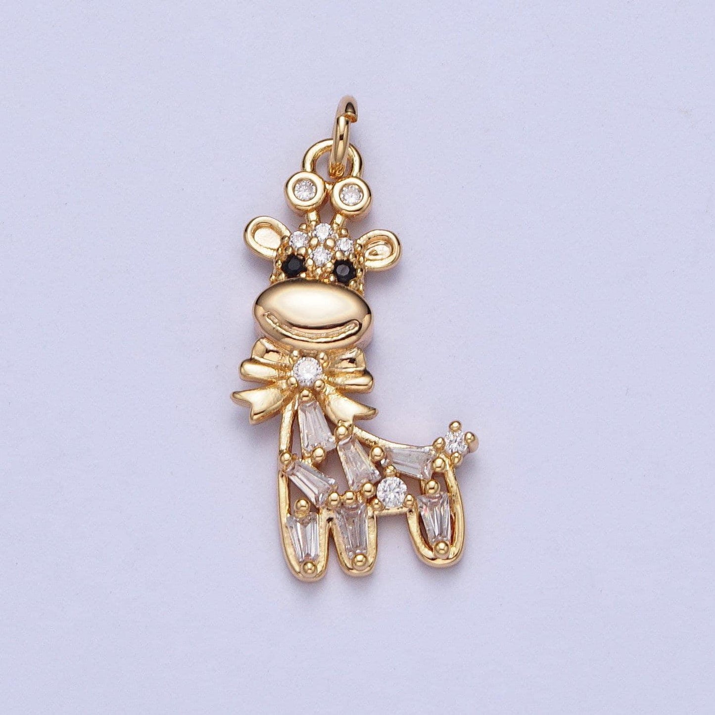 Cute giraffe w. bow pendant, micro pave cubic zirconia cz baguette stone animal lover kids charm, dainty giraffe jewelry | ag-090