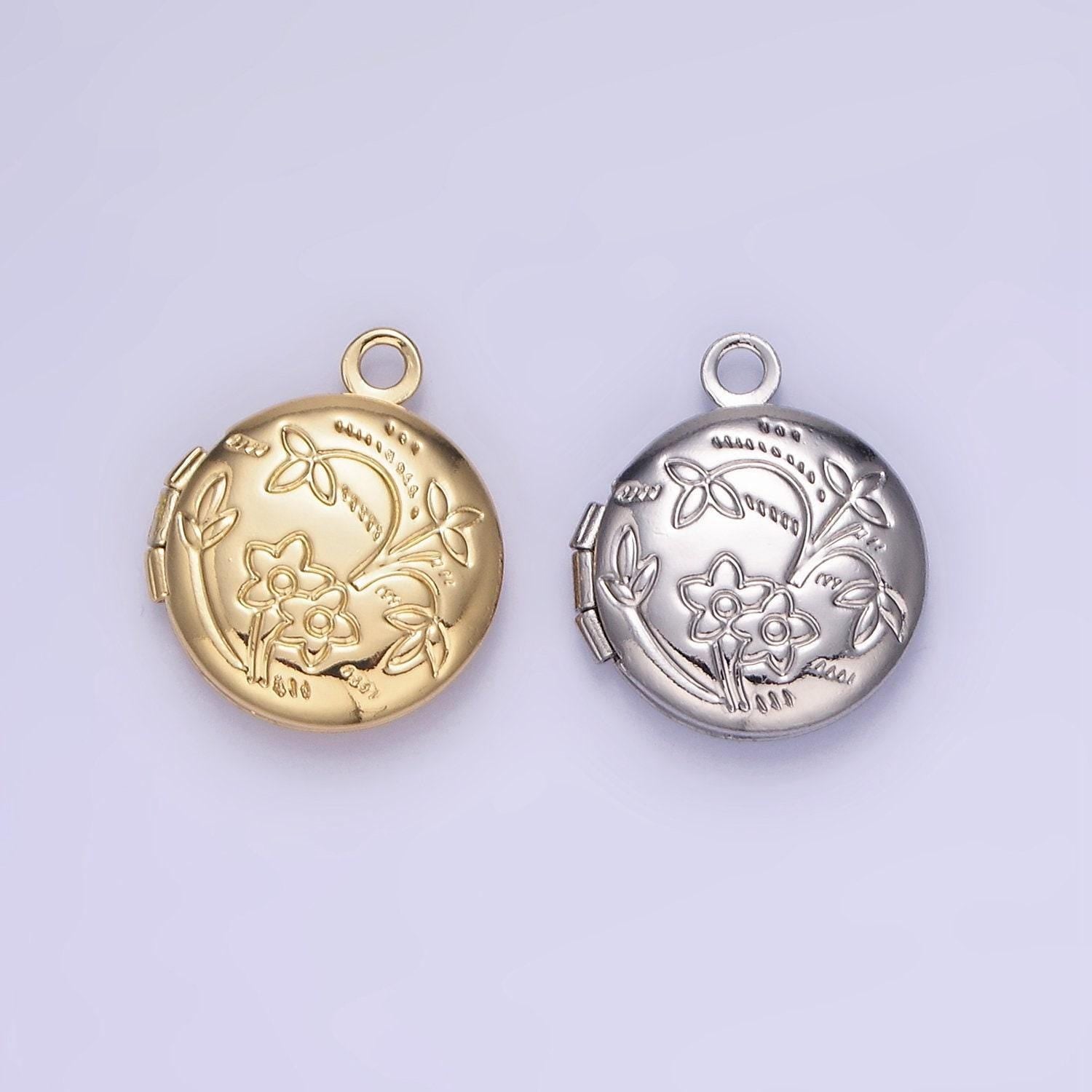 24k gold filled nature flower engraved round locket in gold & silver | d364