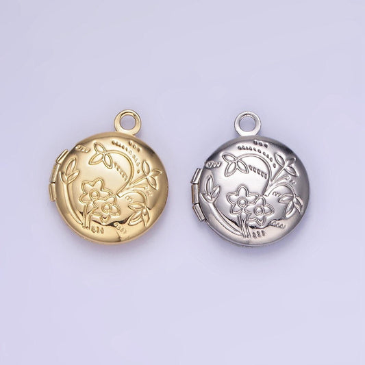 24k gold filled nature flower engraved round locket in gold & silver | d364