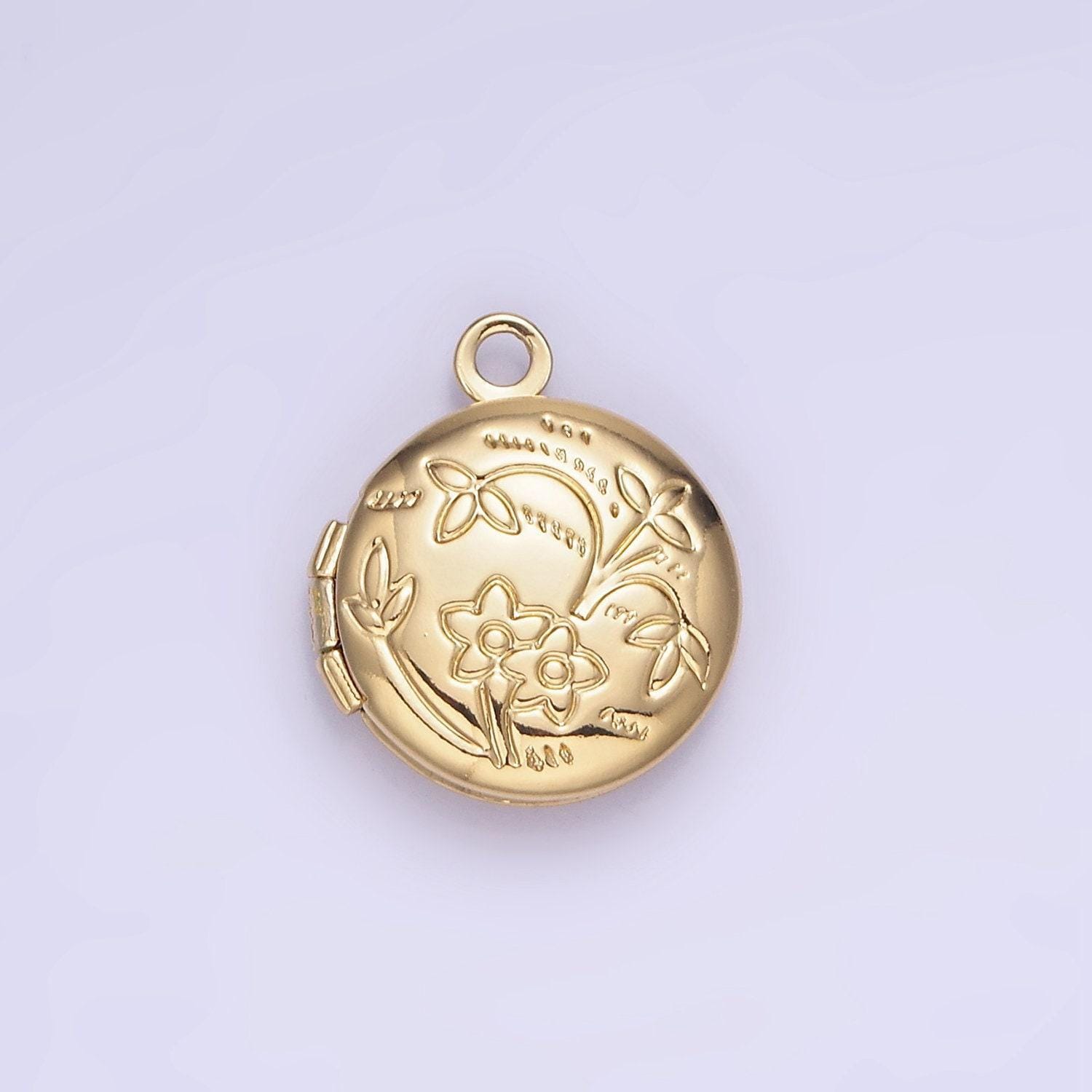 24k gold filled nature flower engraved round locket in gold & silver | d364
