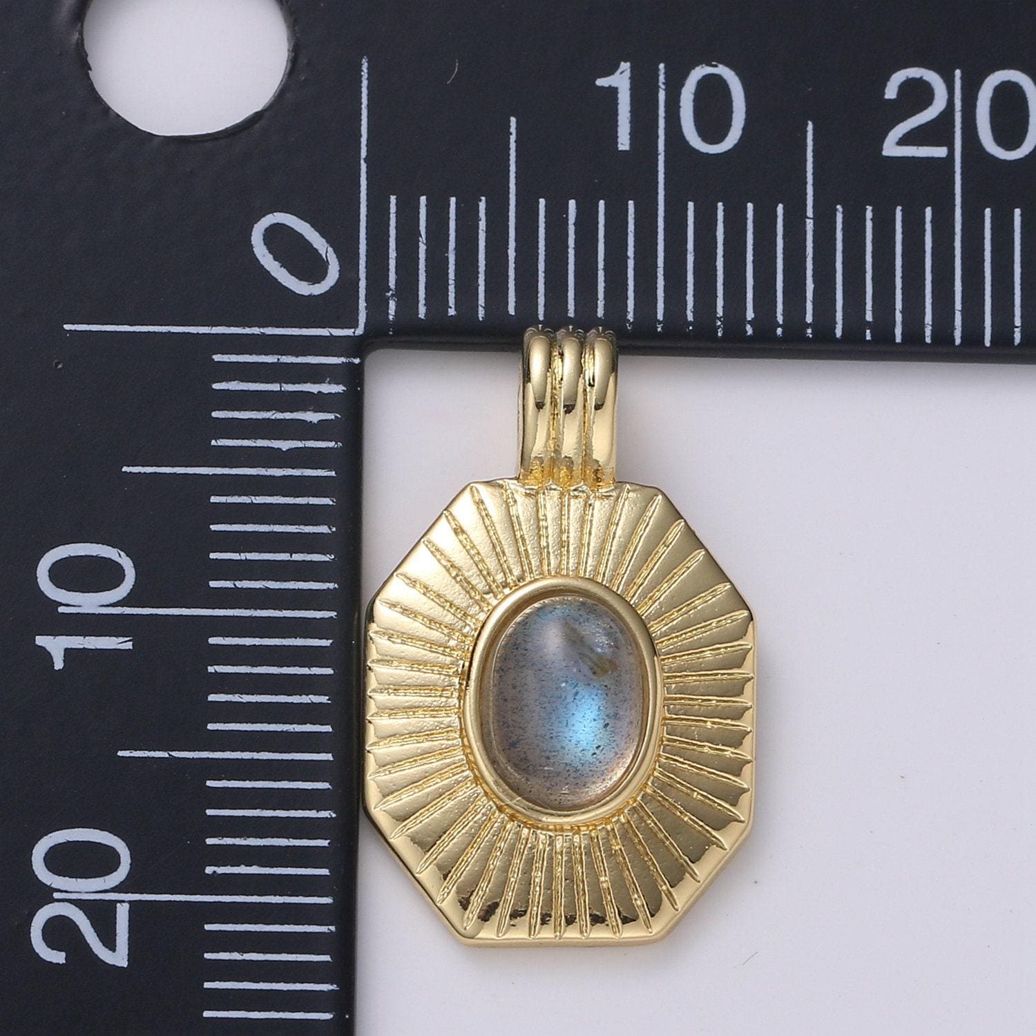 Sunburst gold oval moonstone solitaire charm hexagon tag bracelet pendant, gold charm for bracelet necklace supply diy jewelry pdgf 2173