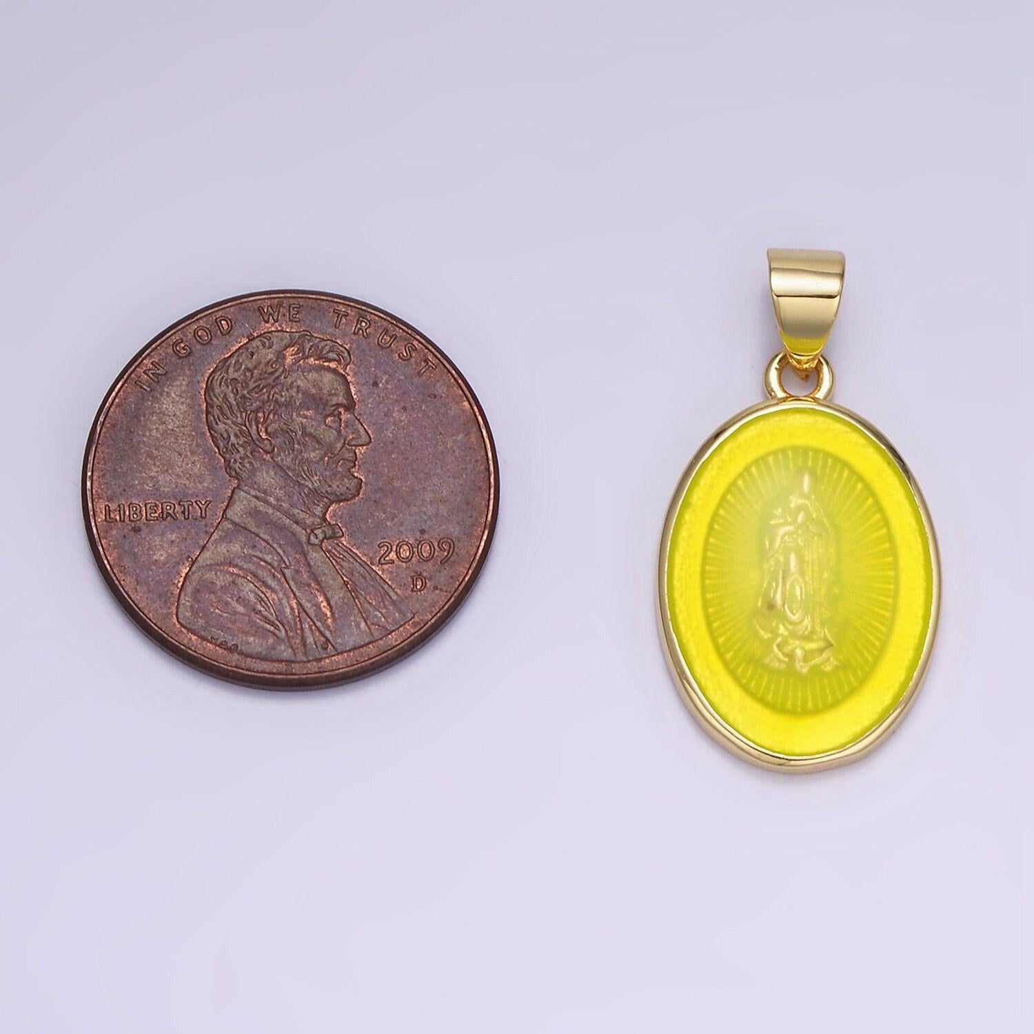 14k gold filled virgin mary jesus christ catholic bijoux colorful resin oval medallion charm lady guadalupe pendant for necklace | aa-1140
