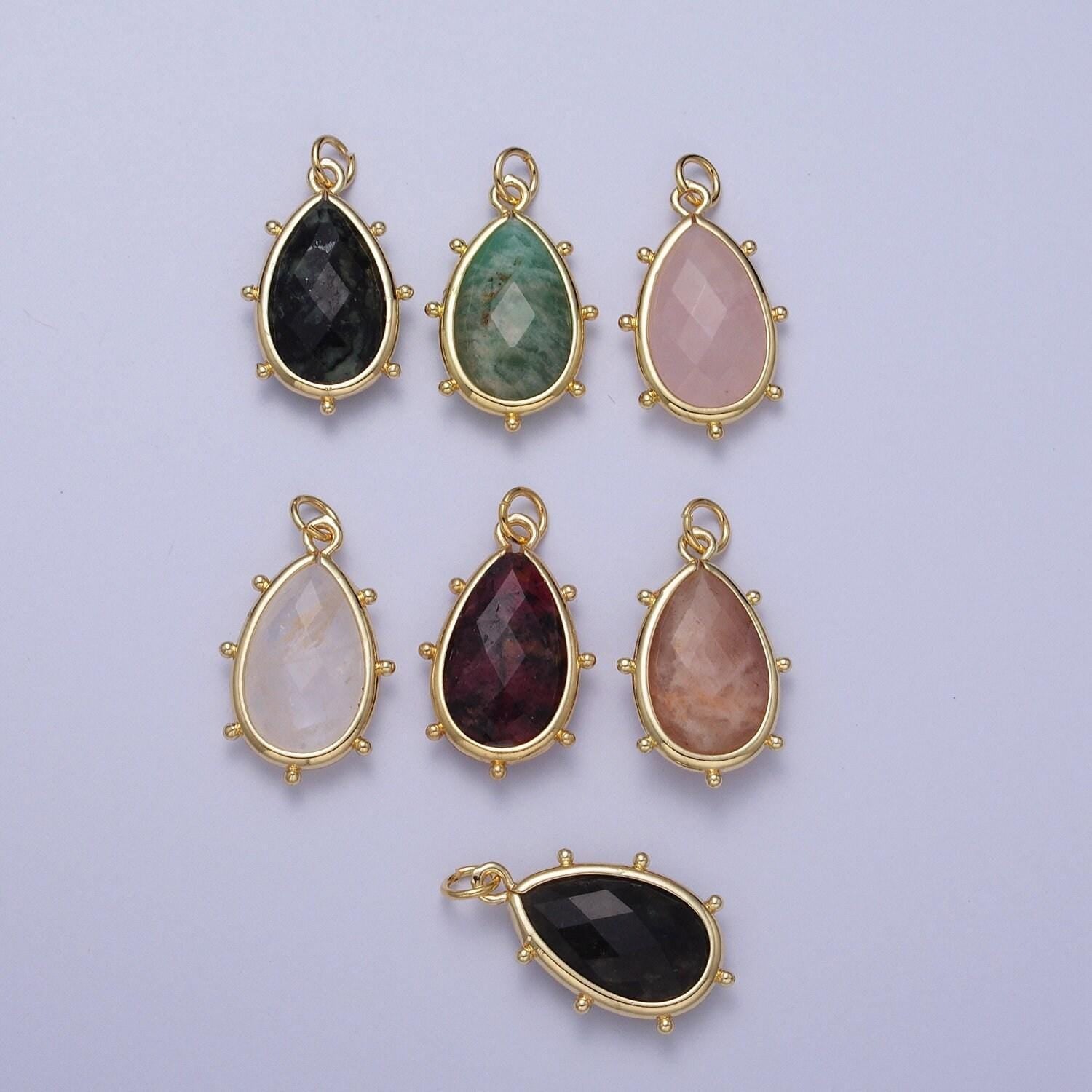 Pear teardrop 25.6mm x 14mm dainty gemstone drop charm gold rim bezel faceted gemstone pendant for necklace bracelet earring component c040