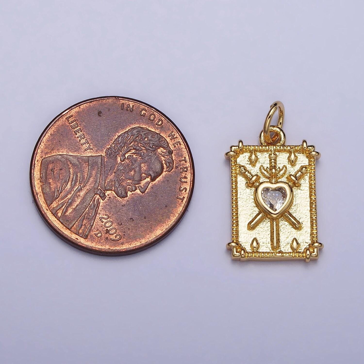 18k gold filled heat charm silver tarot three of swords card clear cz heart rectangular charm | ac997 ac998