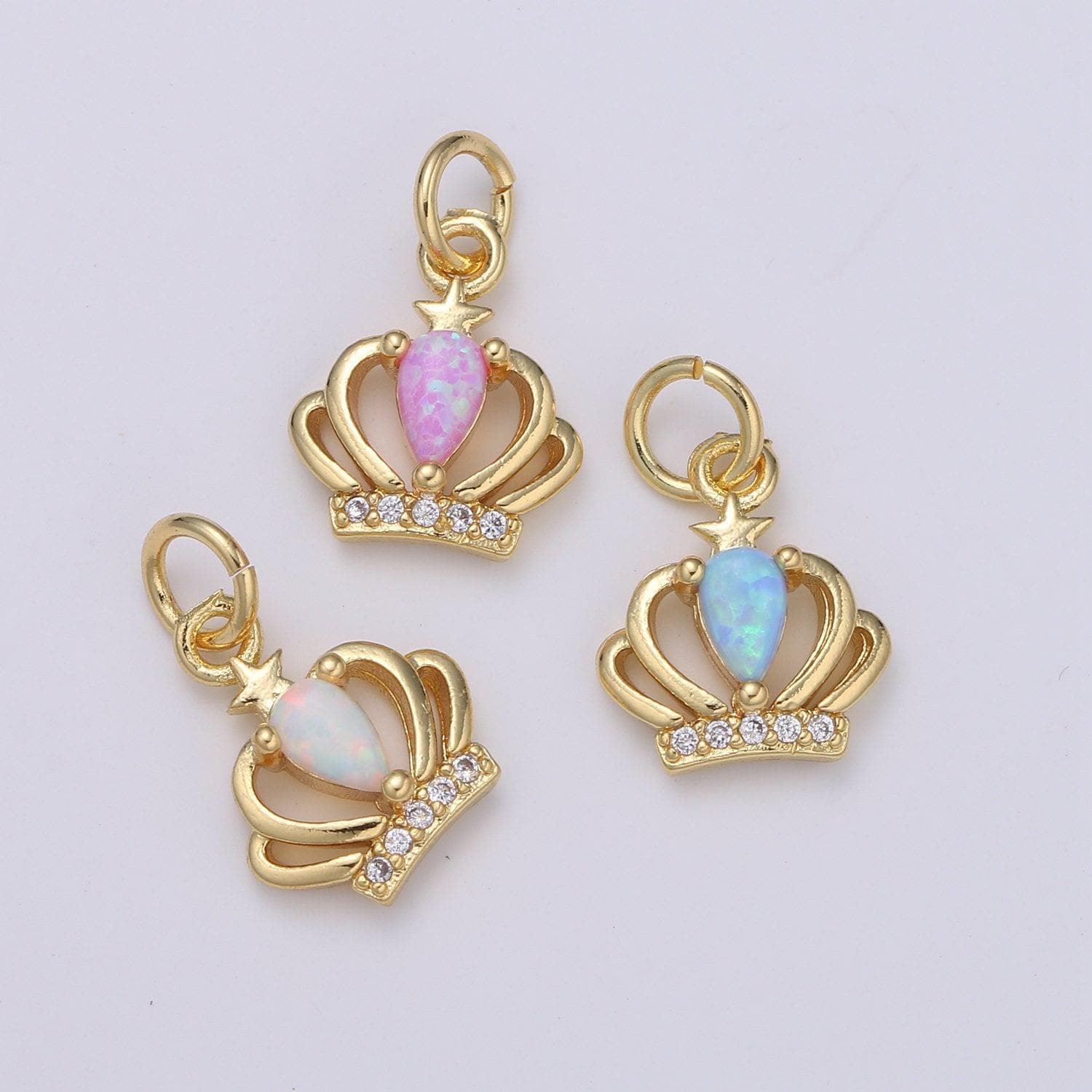 1pc crown 14k gold opal cz pendant charm, micro pave cz pendant charm, white, blue, pink tiara pendant jewelry, hgf-1996, 1997, 1998