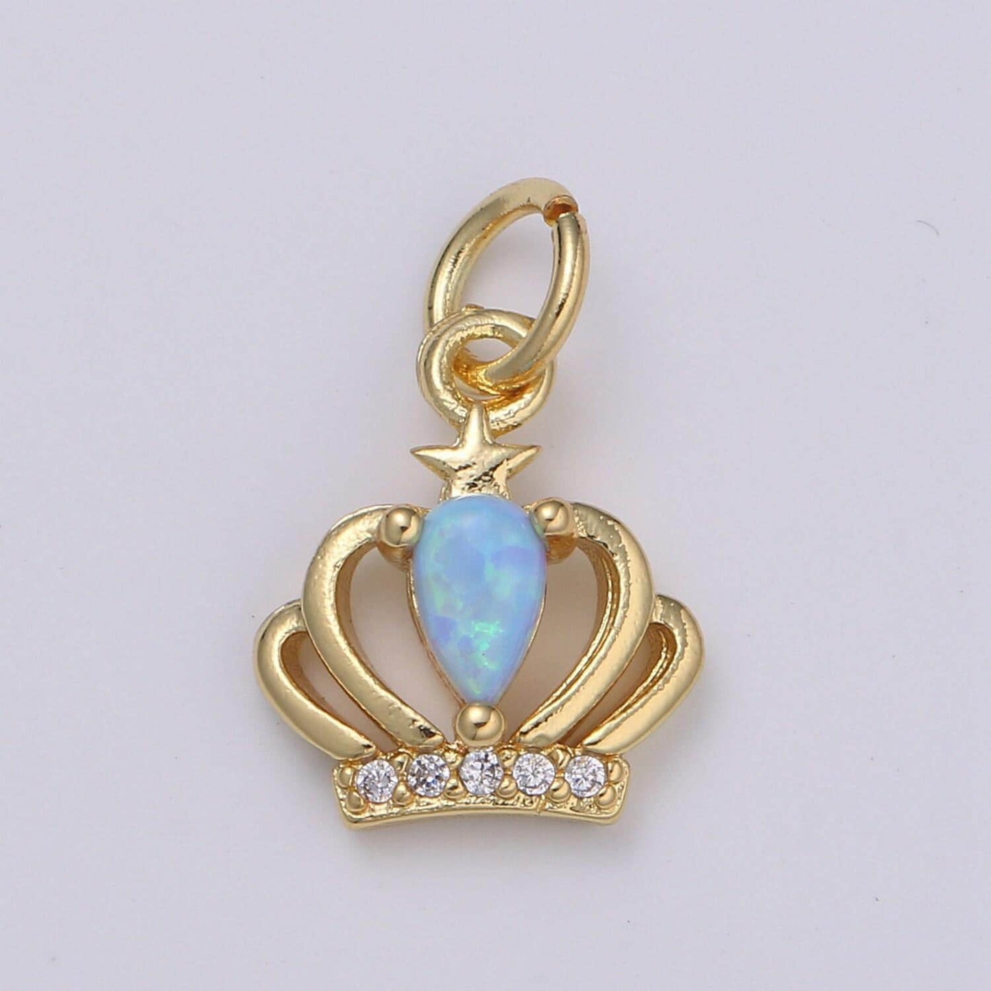 1pc crown 14k gold opal cz pendant charm, micro pave cz pendant charm, white, blue, pink tiara pendant jewelry, hgf-1996, 1997, 1998
