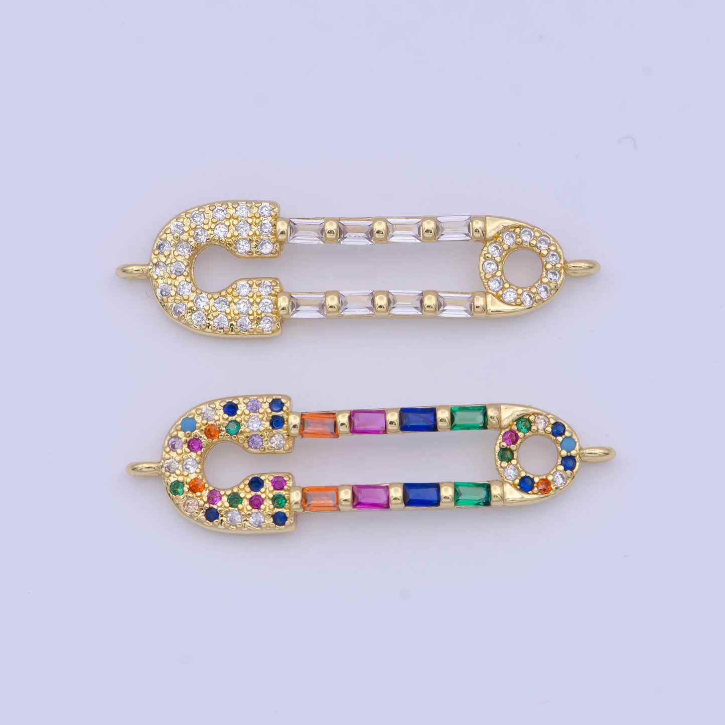 Clear/rainbow gold safety pin charm connector, 24k gold filled multicolor micro paved cz baguette on safety pin connector | g-559, g-560
