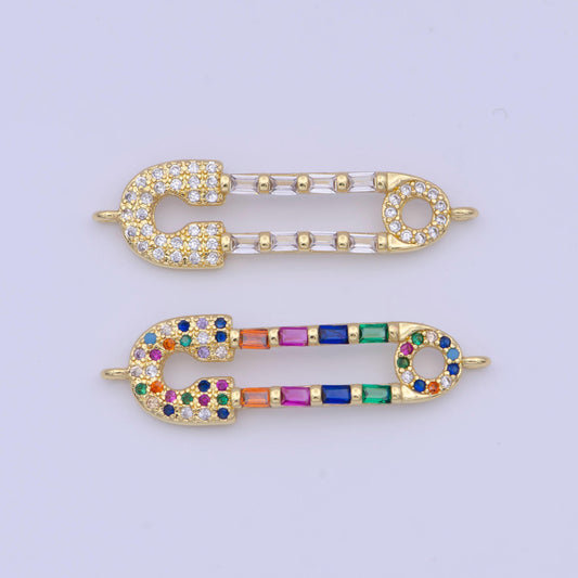 Clear/rainbow gold safety pin charm connector, 24k gold filled multicolor micro paved cz baguette on safety pin connector | g-559, g-560