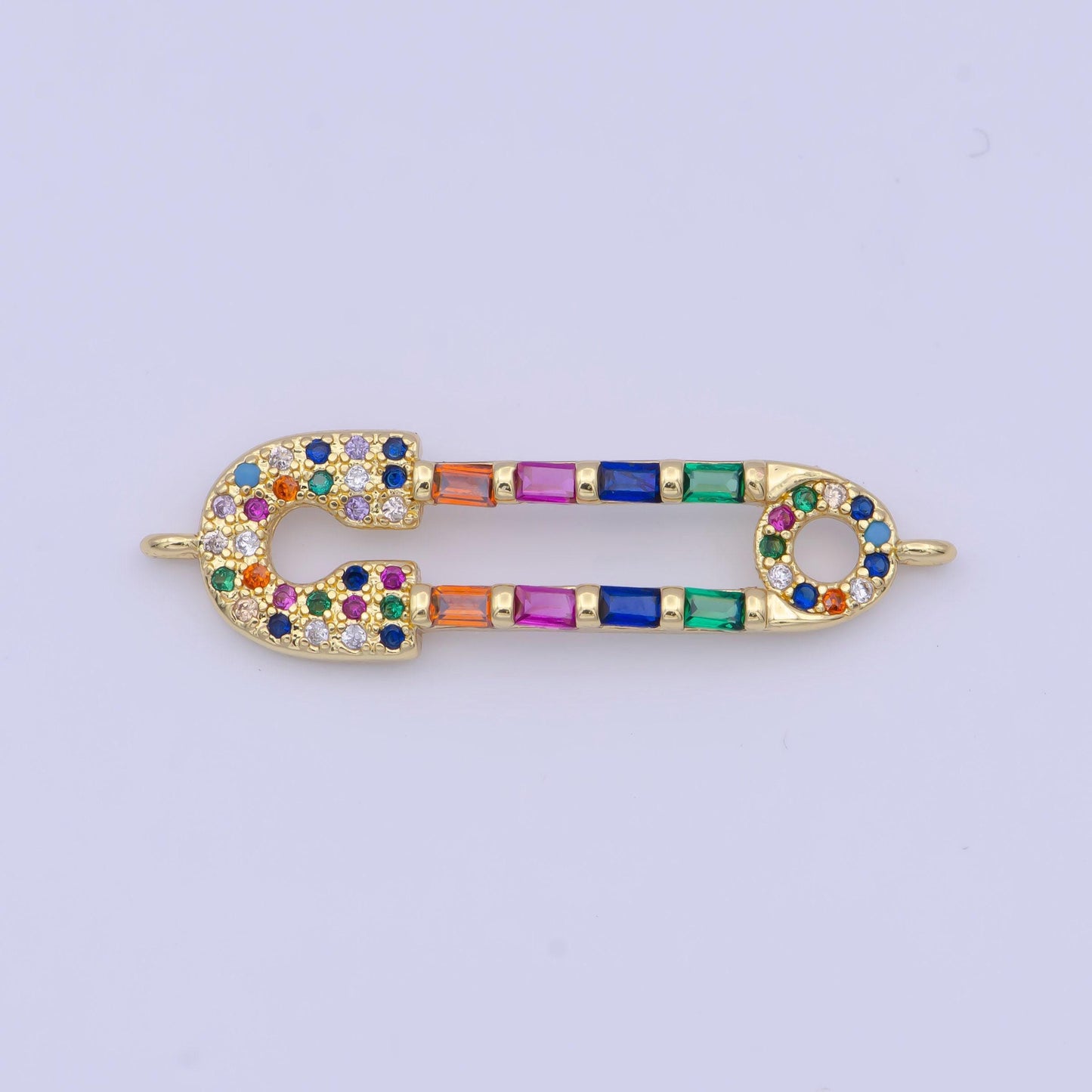 Clear/rainbow gold safety pin charm connector, 24k gold filled multicolor micro paved cz baguette on safety pin connector | g-559, g-560