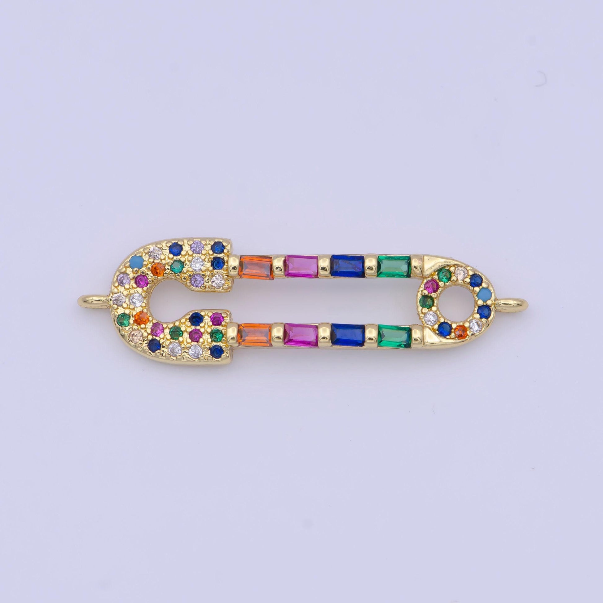 Clear/rainbow gold safety pin charm connector, 24k gold filled multicolor micro paved cz baguette on safety pin connector | g-559, g-560