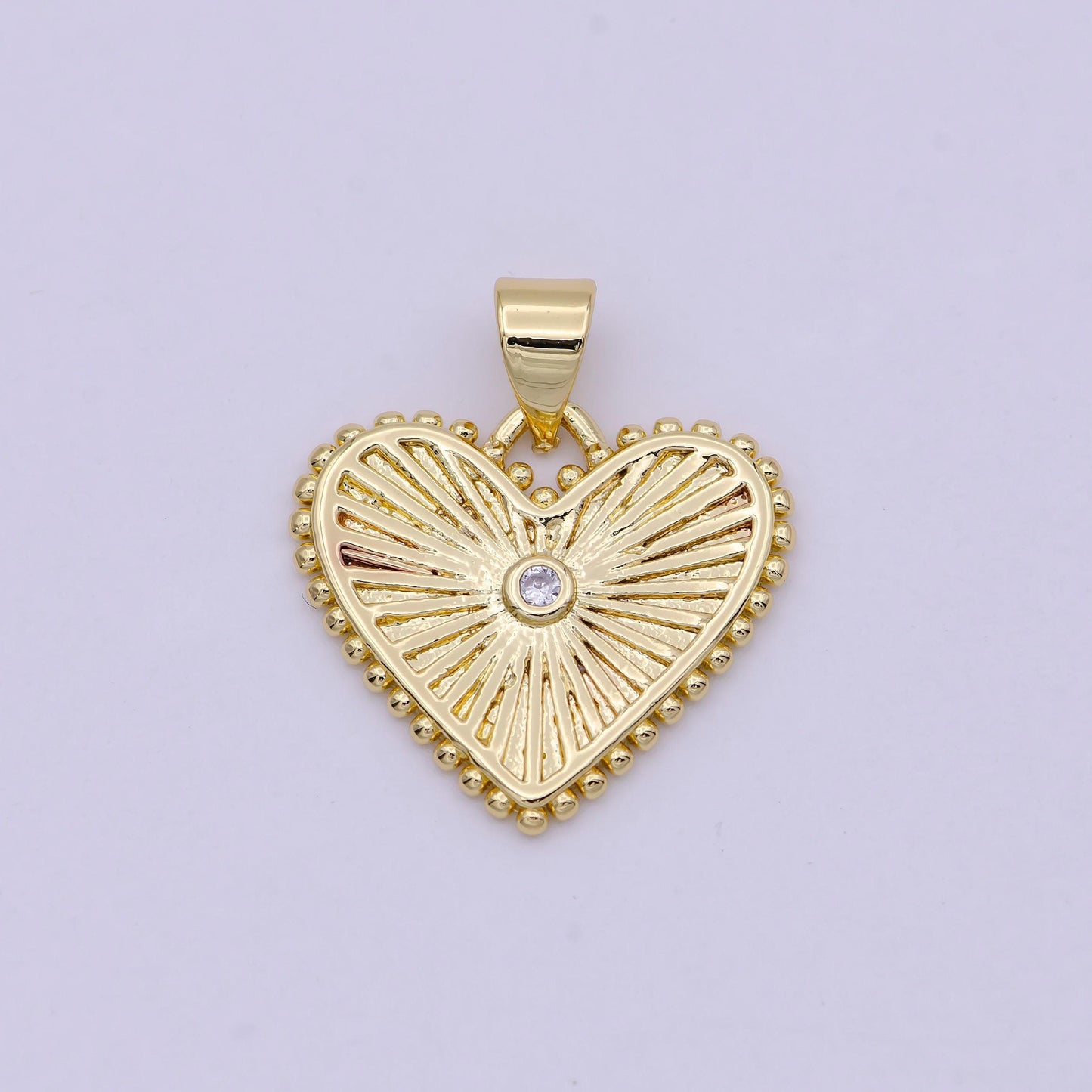 Gold filled radial heart charm necklace clear cz sunburst gold pendant, dainty heart love valentine gift necklace supply h-427