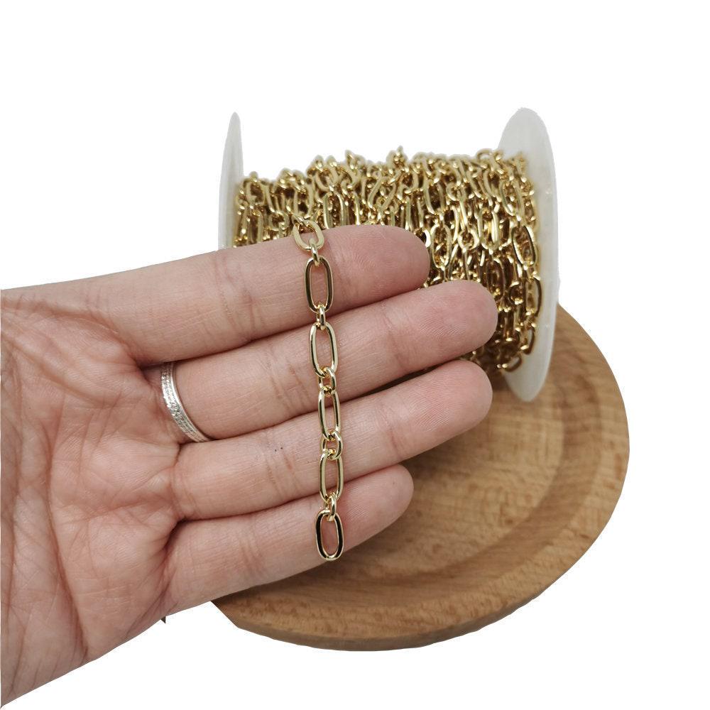 Gold rolo cable link elongated chain by yard, link cable rolo elongate chain,wholesale bulk roll chain for jewelry making, 4