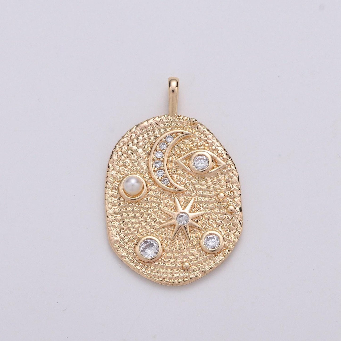 Pearl and micro pave clear cz planet in the ovum pendant 14k gold charm, star, cresent moon, galaxy, diy jewelry necklace chgf-1768