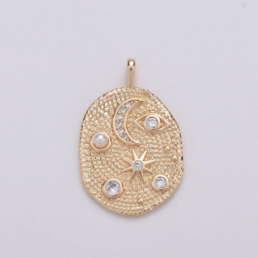 Pearl and micro pave clear cz planet in the ovum pendant 14k gold charm, star, cresent moon, galaxy, diy jewelry necklace chgf-1768