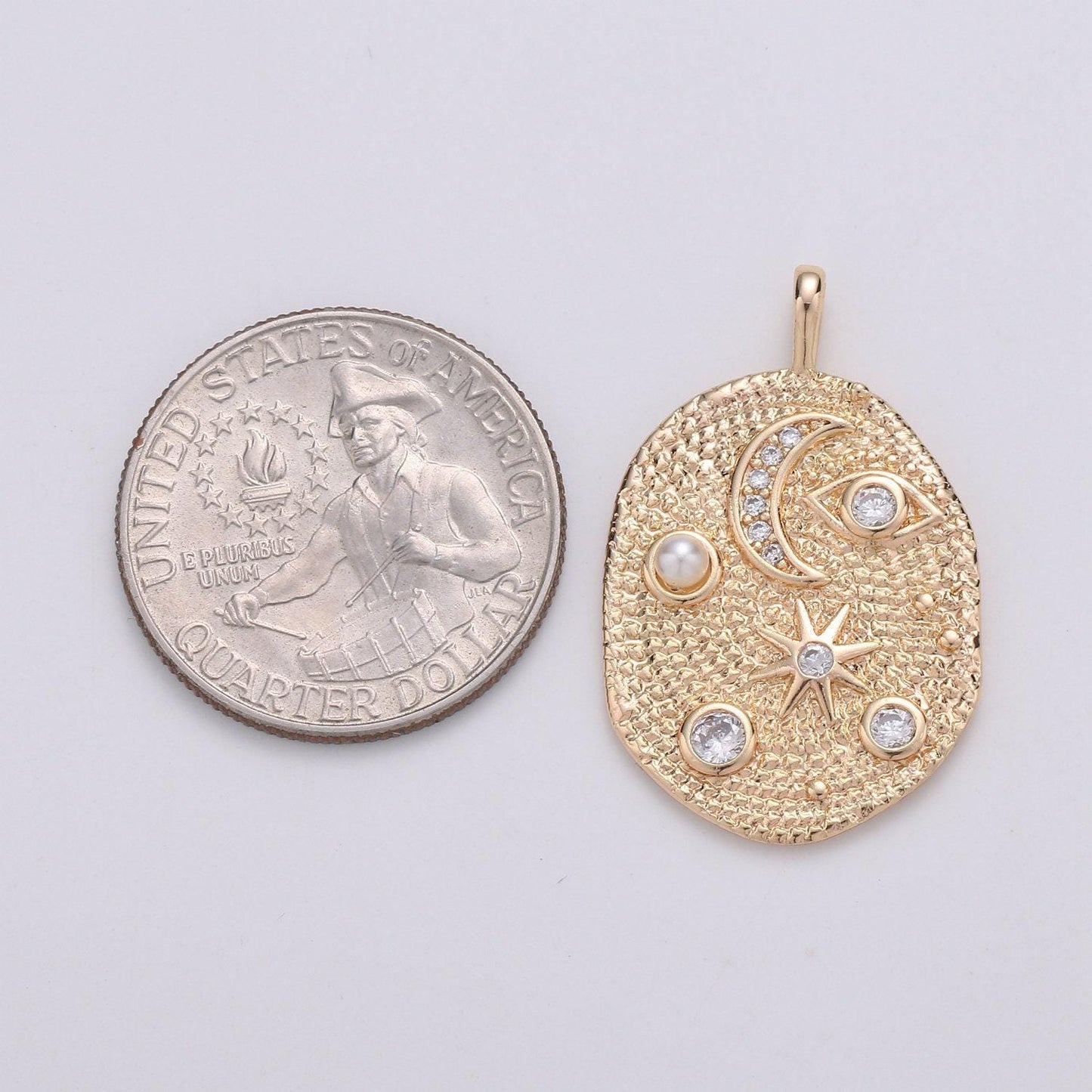 Pearl and micro pave clear cz planet in the ovum pendant 14k gold charm, star, cresent moon, galaxy, diy jewelry necklace chgf-1768