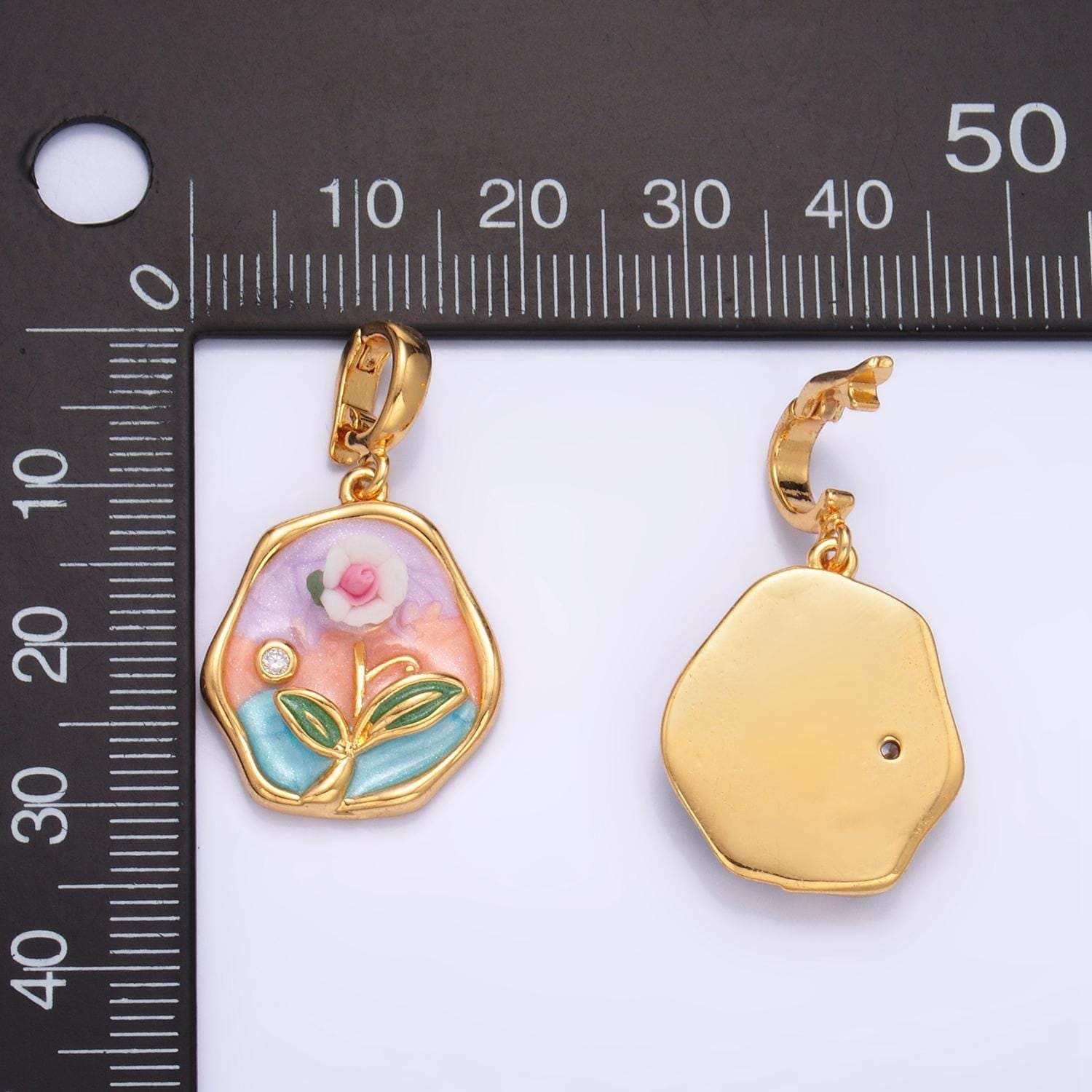 Cz enamel pastel colors stamped flower 24k gold filled snap latch bail pendant | aa-1020