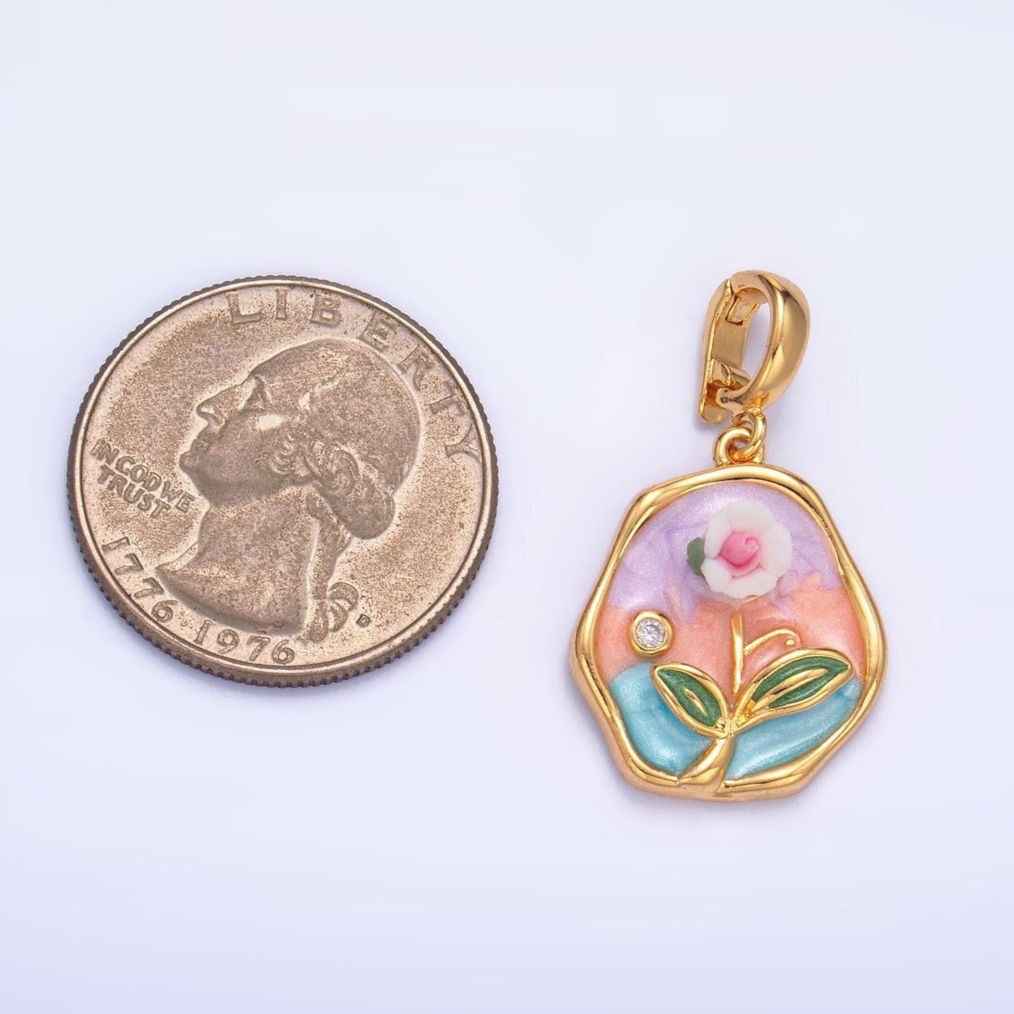 Cz enamel pastel colors stamped flower 24k gold filled snap latch bail pendant | aa-1020