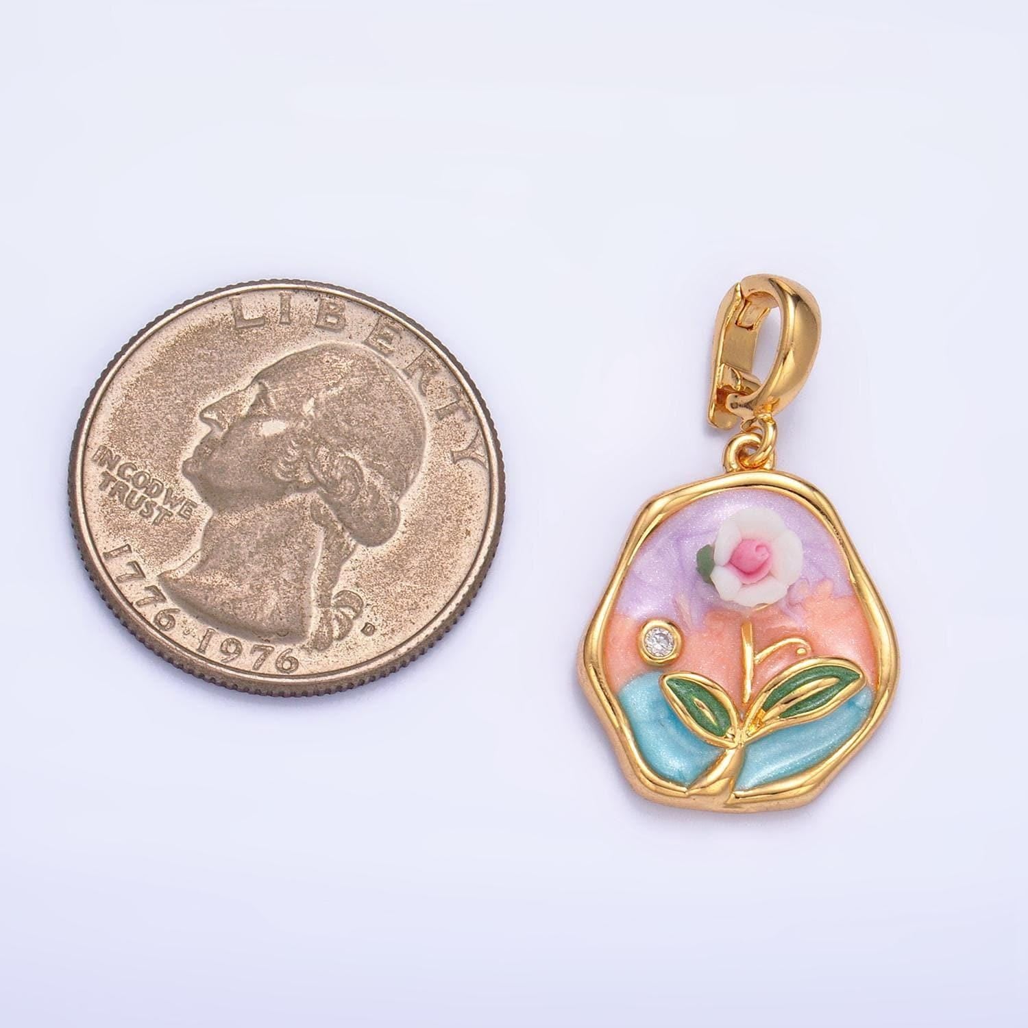 Cz enamel pastel colors stamped flower 24k gold filled snap latch bail pendant | aa-1020