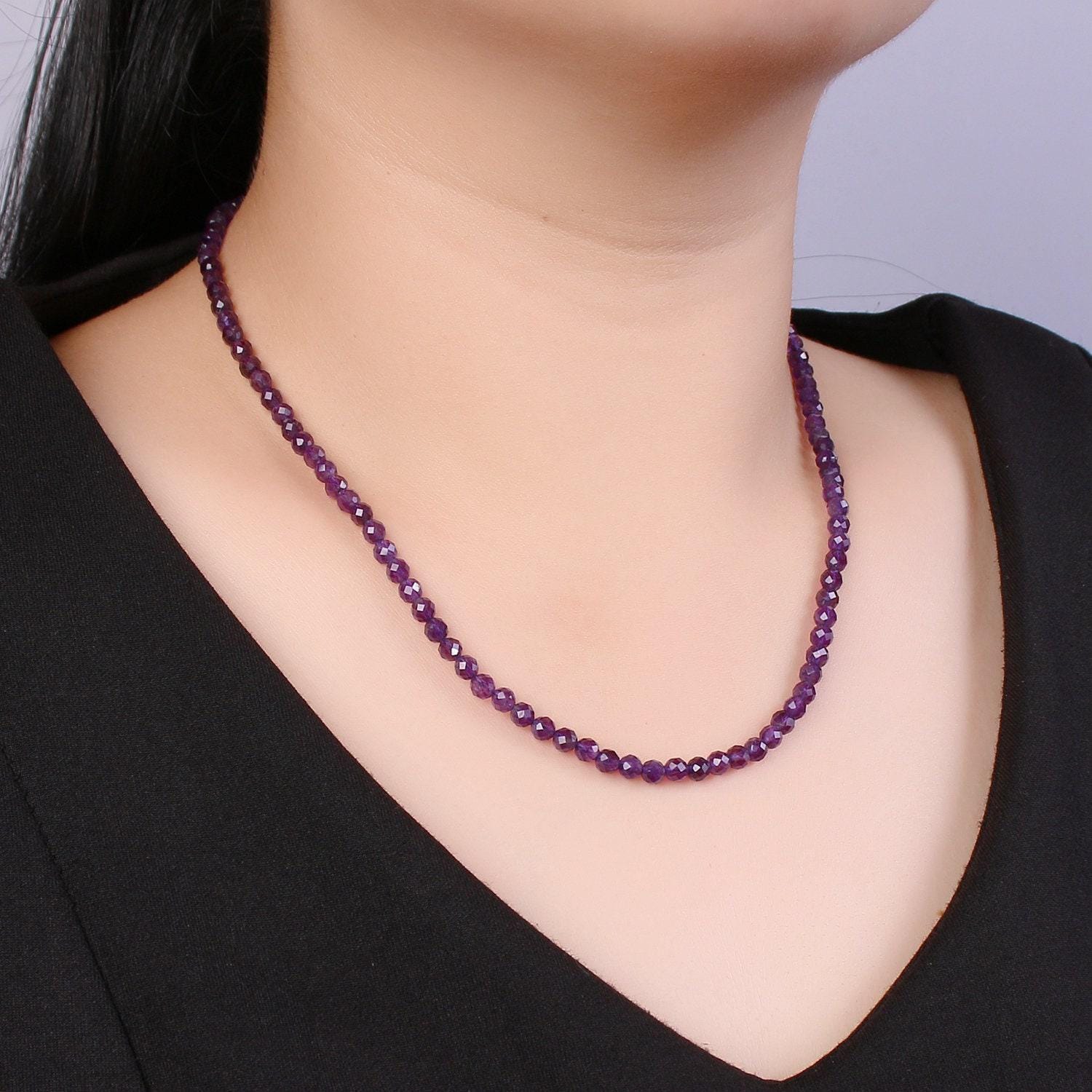 Delicate purple amethyst beads necklace 4mm dainty stone beaded necklace, february birthstone minimalist jewelry, birthday gift for women