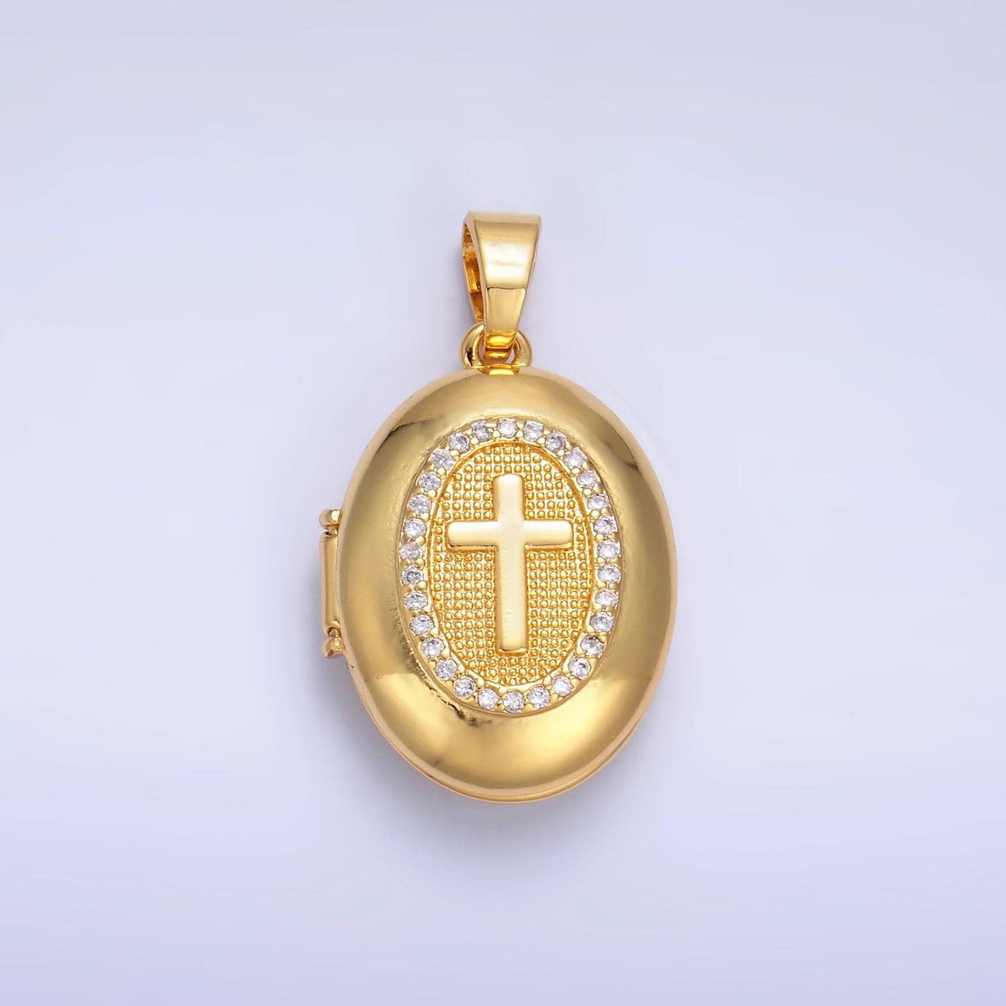 24k gold filled Cross Design oval locket micro pave cz pendant, openable Cross Charm for Religious Jewelry Making AA-1087