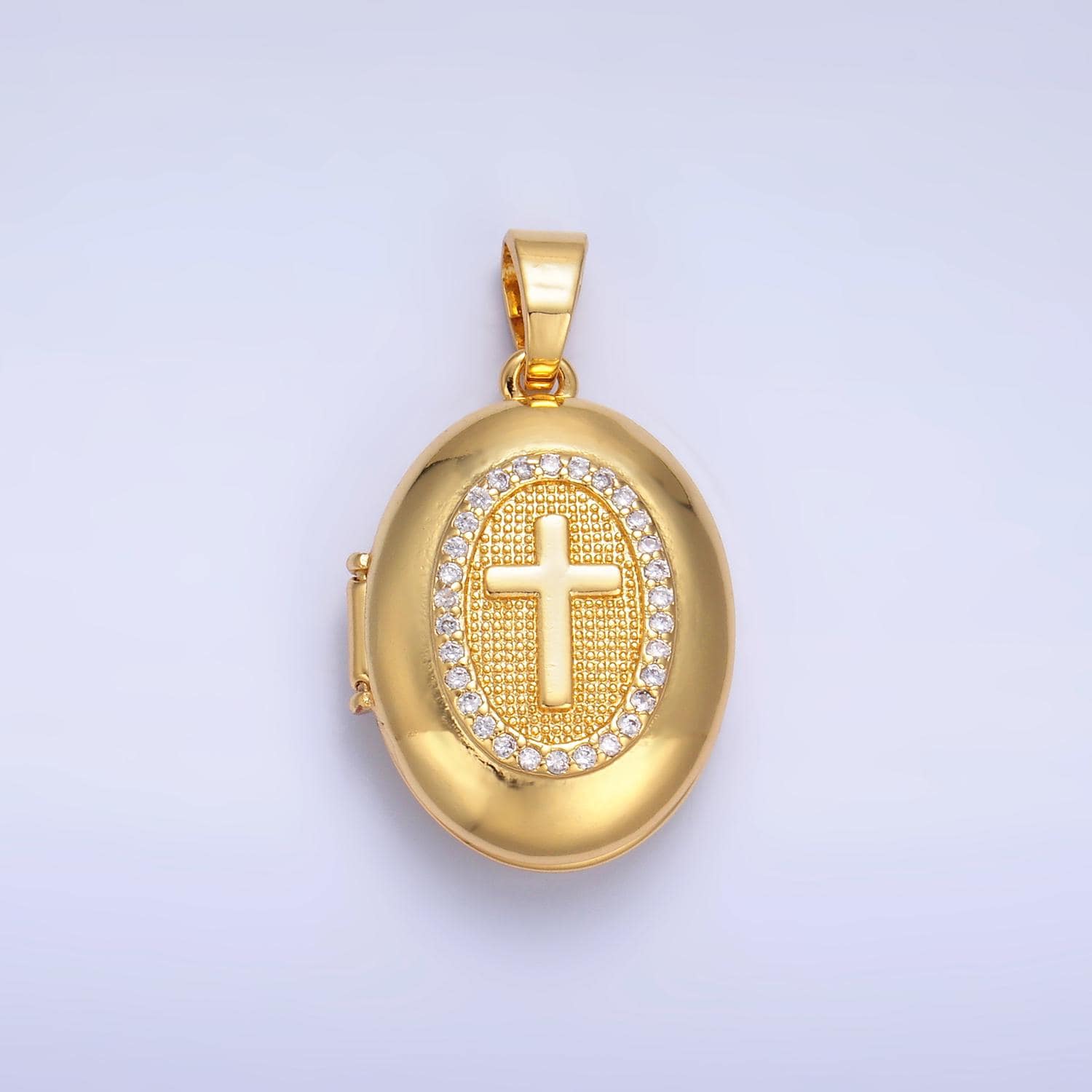 24k gold filled Cross Design oval locket micro pave cz pendant, openable Cross Charm for Religious Jewelry Making AA-1087