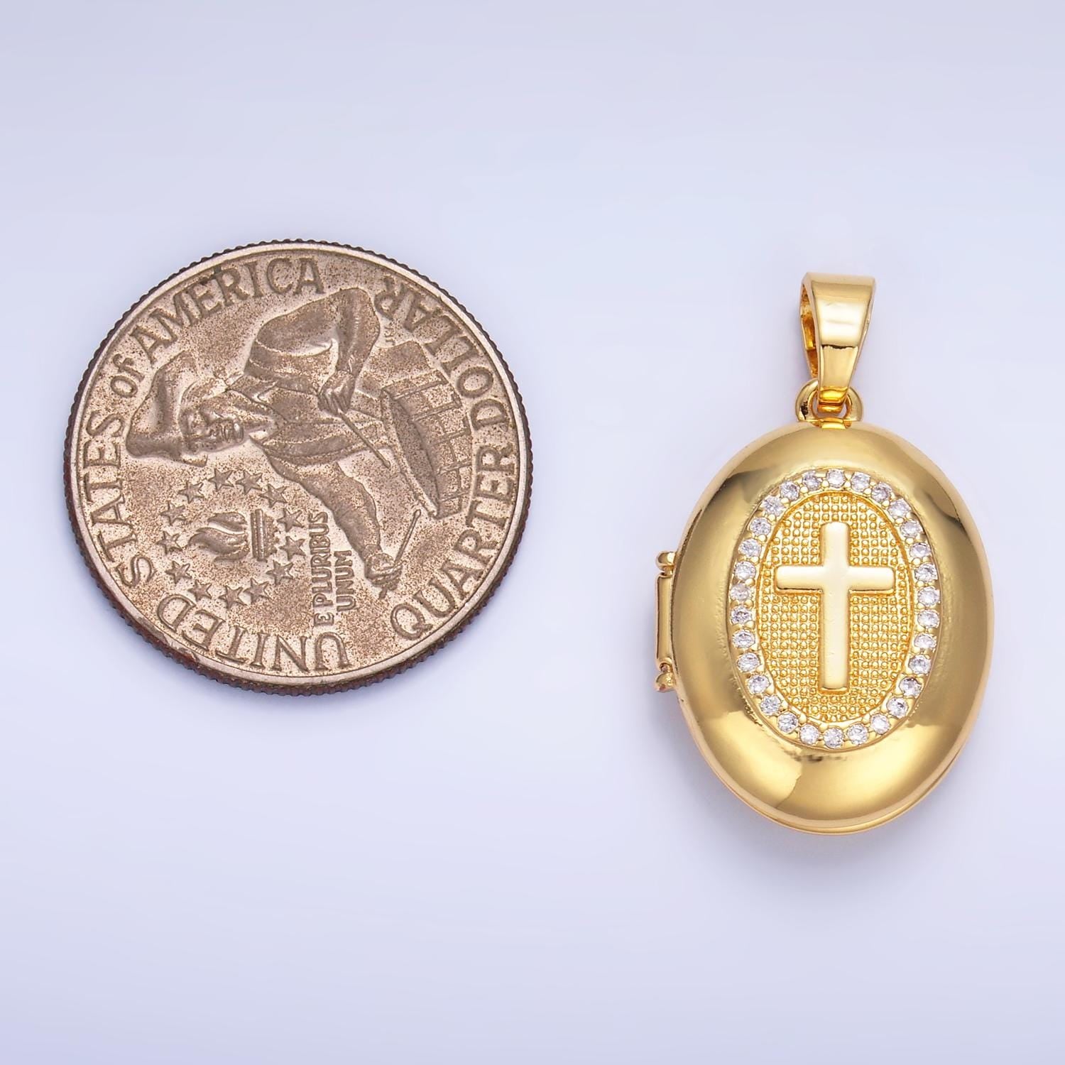 24k gold filled Cross Design oval locket micro pave cz pendant, openable Cross Charm for Religious Jewelry Making AA-1087