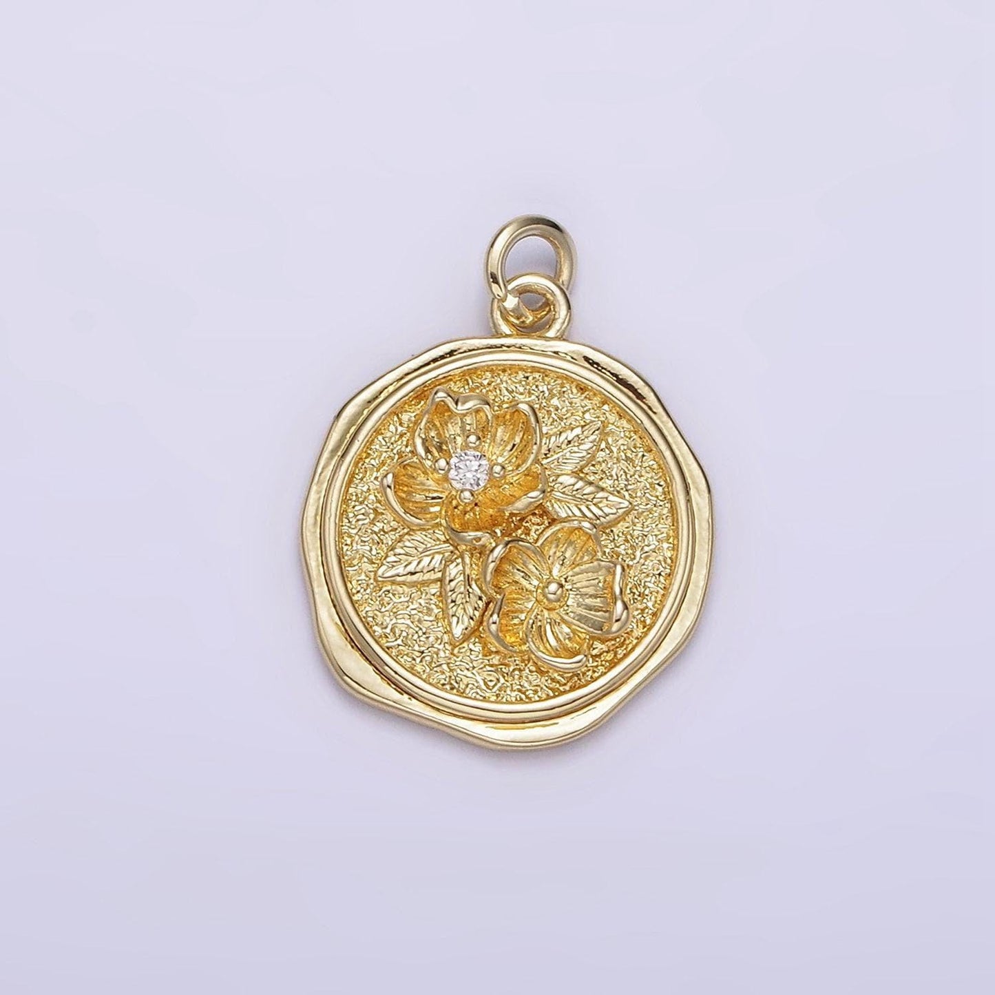 14k gold filled clear cz water lily flower hammered wax stamped round charm | ag252