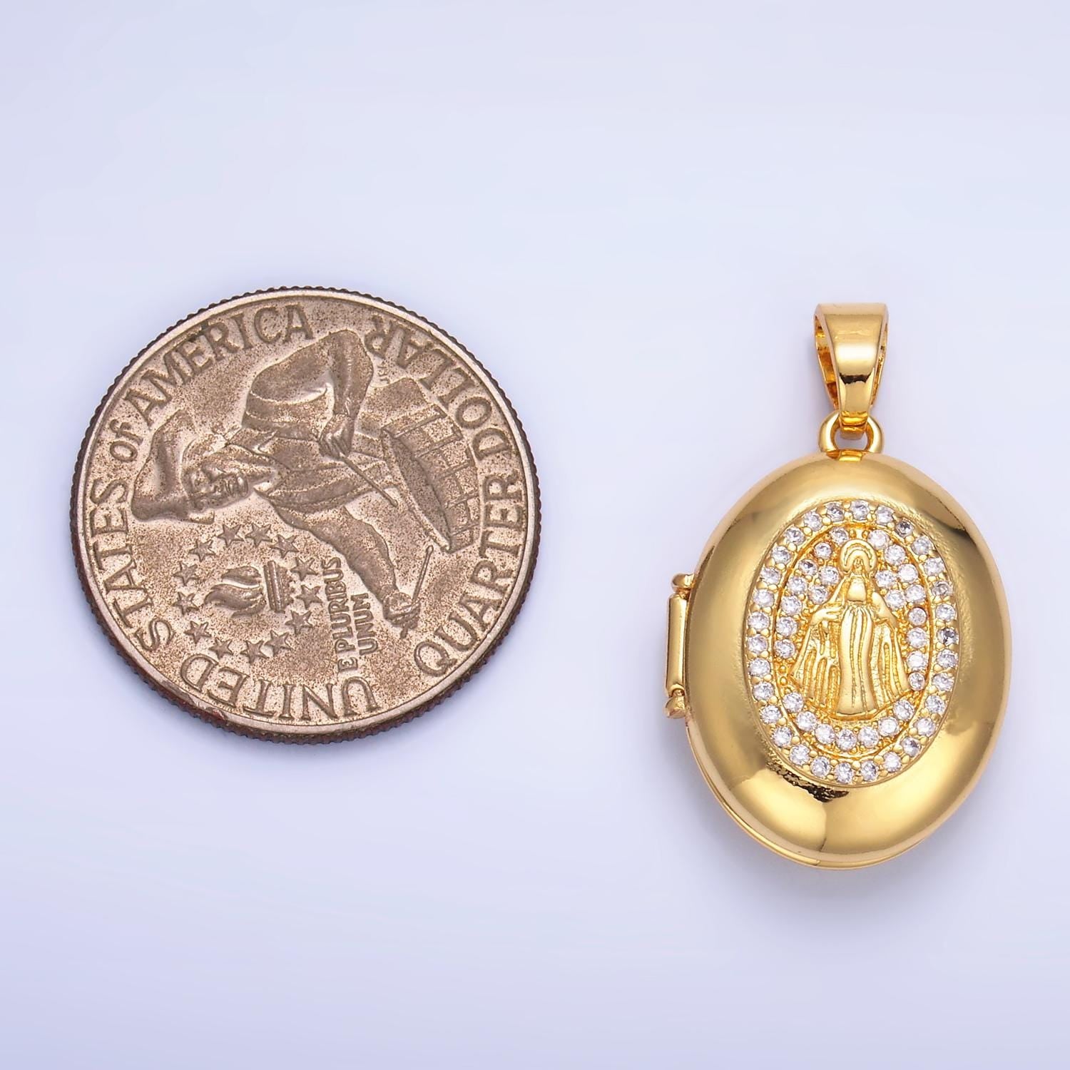 24k gold filled Miraculous Lady Design oval locket micro pave cz pendant, openable Virgin Mary Charm for Religious Jewelry Making AA-1088