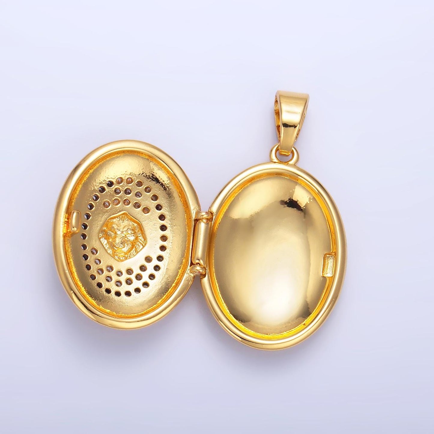 24k gold filled Lion oval locket micro pave cz pendant, openable Wild Animal Charm for Religious Jewelry Making AA-868