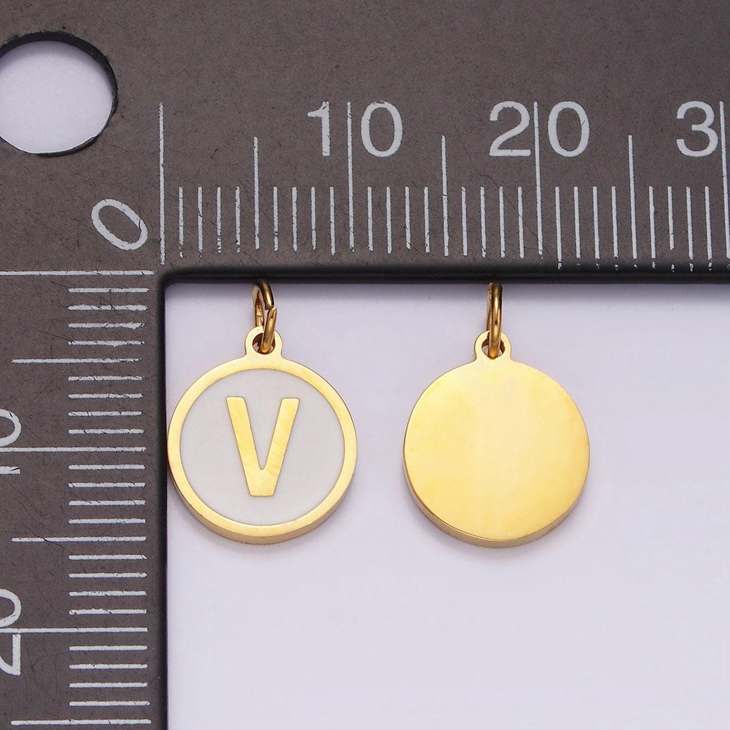 Dainty pearl letter charm gold coin alphabet charm, shell letter pendant personalized letters initial charm stainless steel tarnish free